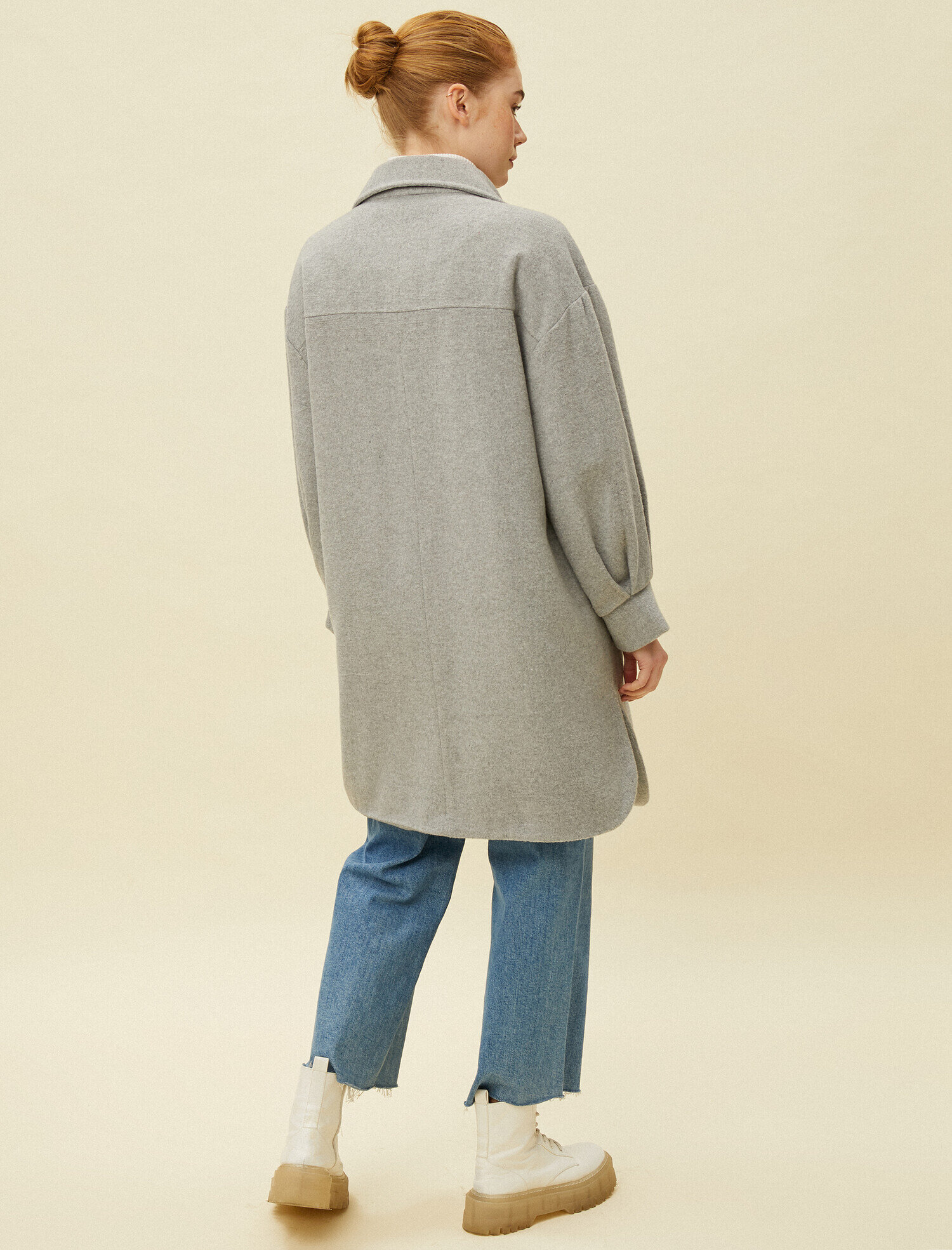   Gömlek Yaka Kapitoneli Astarlı Uzun Kaşe Ceket