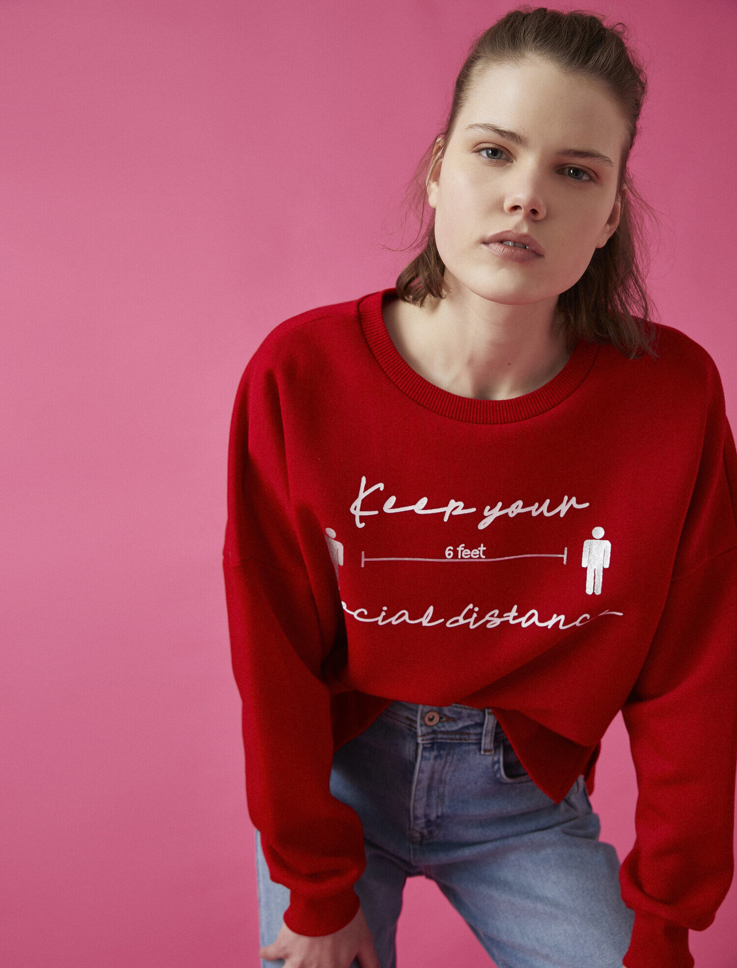 Pamuklu Bisiklet Yaka Baskılı Sweatshirt