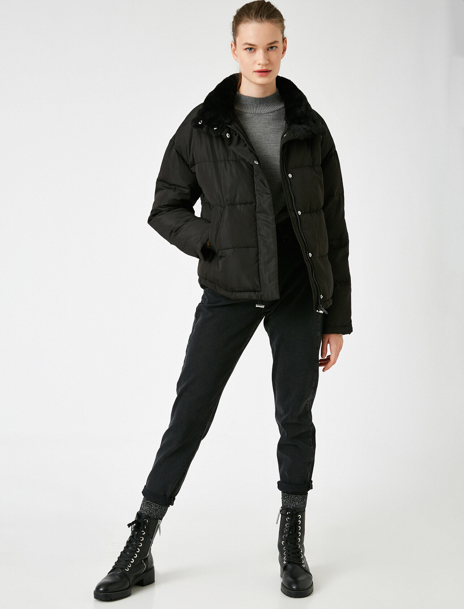   Suni Kürk Detaylı Şişme Mont