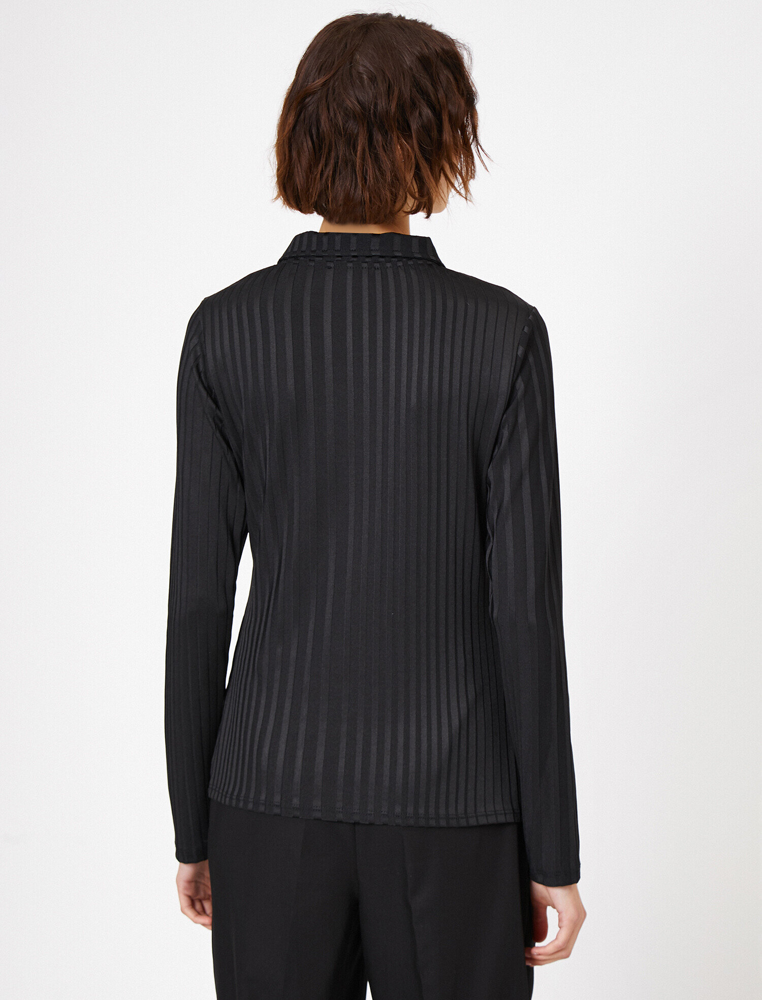   Uzun Kollu Tişört Fermuar Detaylı Gömlek Yaka