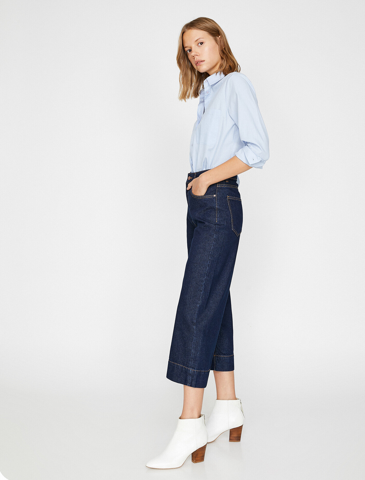   Crop Wide Leg Jean - Yüksek Bel Rahat Kesim Bilek Boy Geniş Paça Pantolon