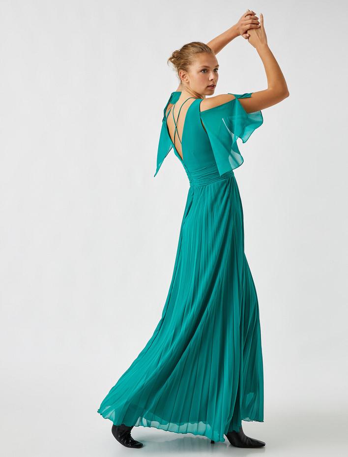  Şifon Abiye Elbise Volanlı V Yaka Sırt Detaylı Uzun