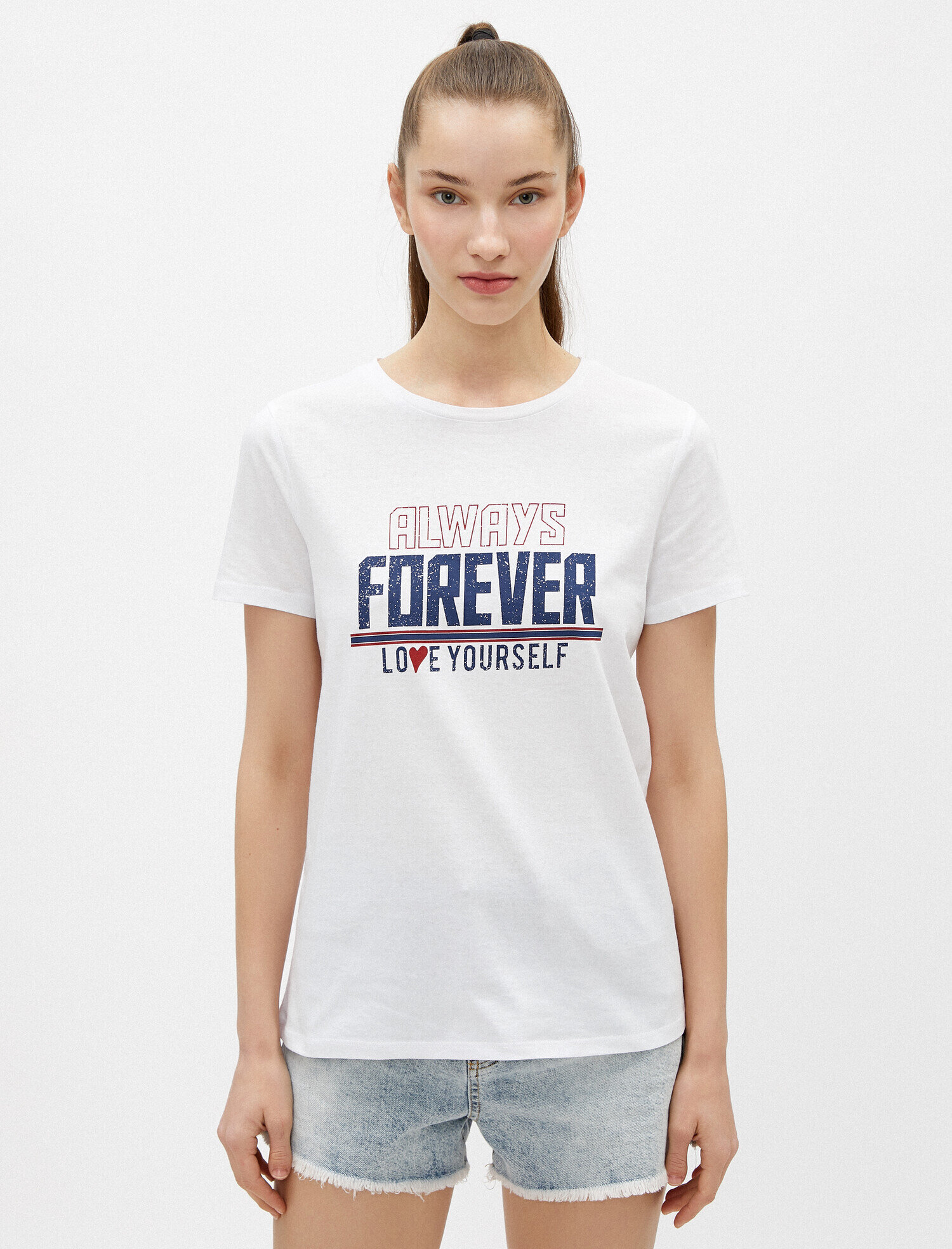   Slogan Tişört Pamuklu Bisiklet Yaka