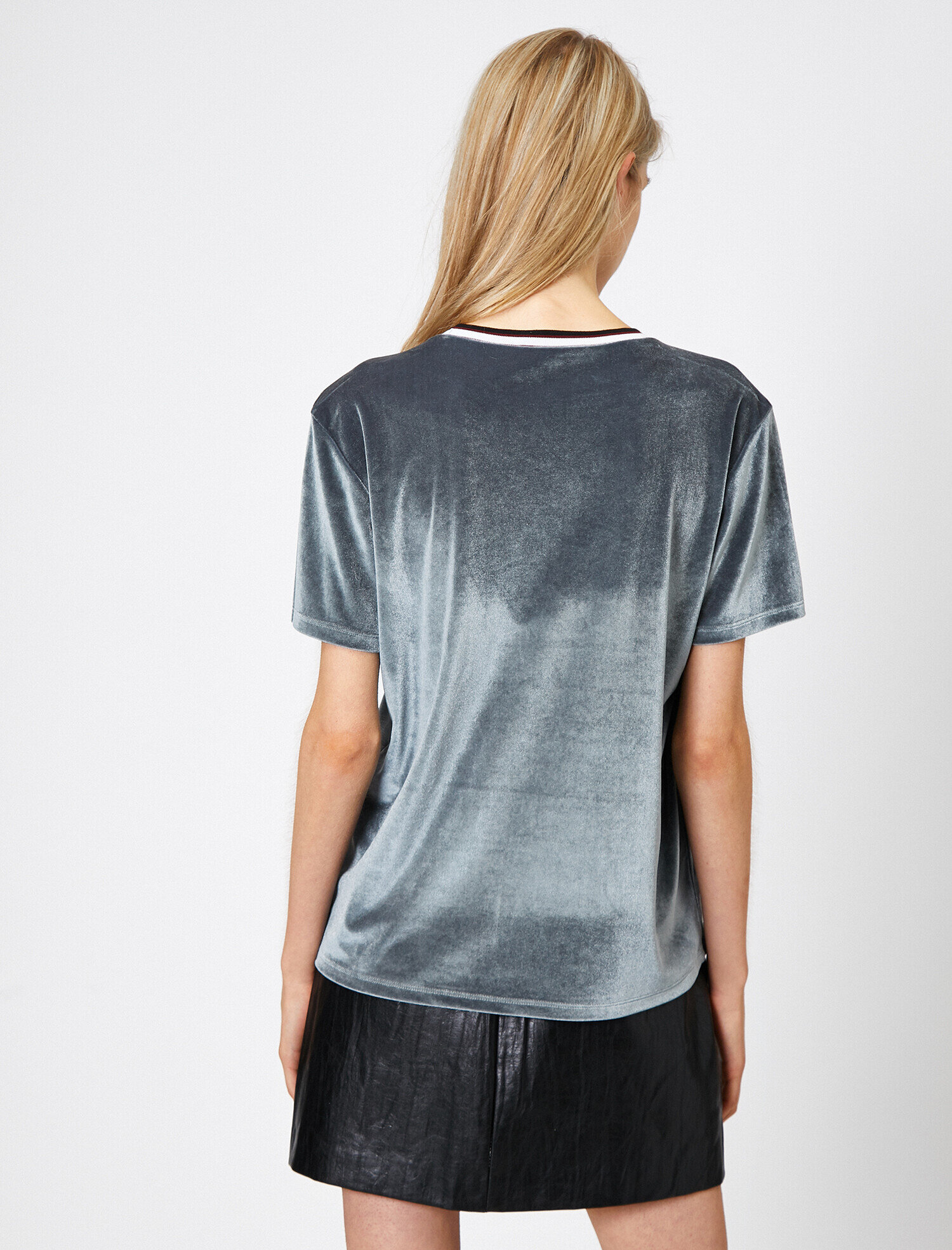   Bisiklet Yaka Fotoğraf Baskılı Kısa Kol Kadife Tişört