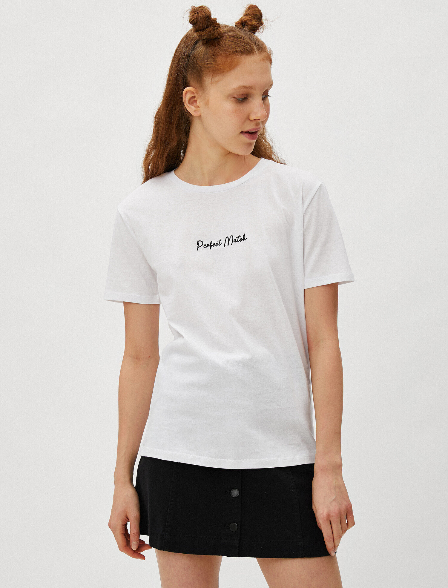   Kısa Kollu Tişört Slogan İşlemeli Bisiklet Yaka Pamuklu