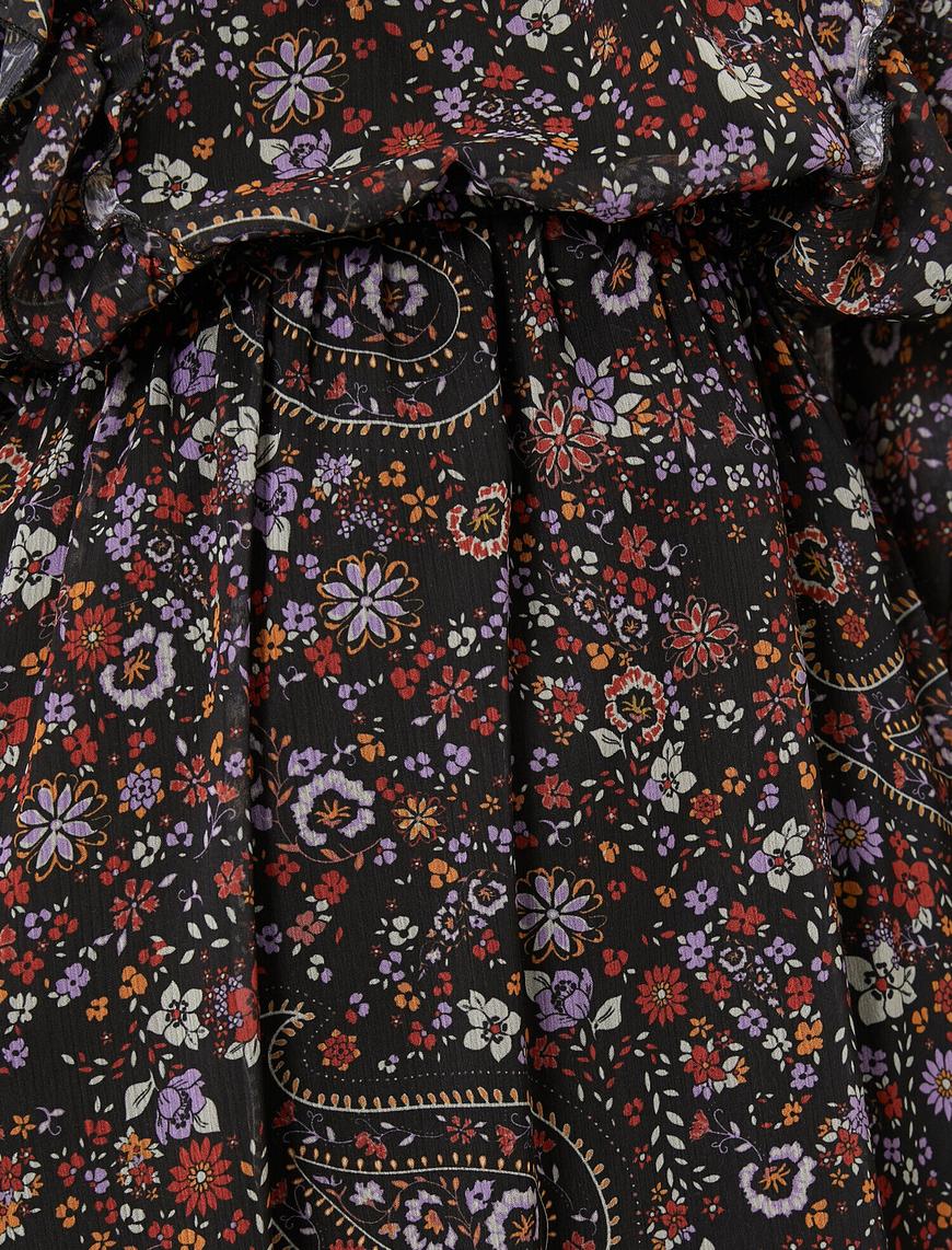   Fırfır Detaylı Şal Desenli Şifon Midi Elbise