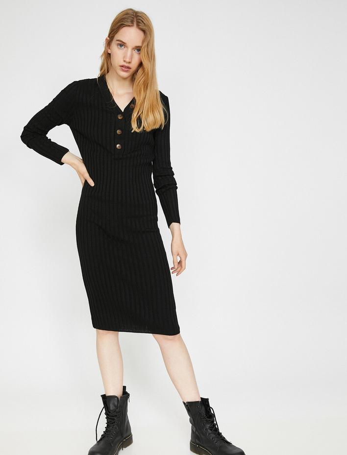  Midi Boy Triko Elbise Düğme Detaylı Dar Kesim
