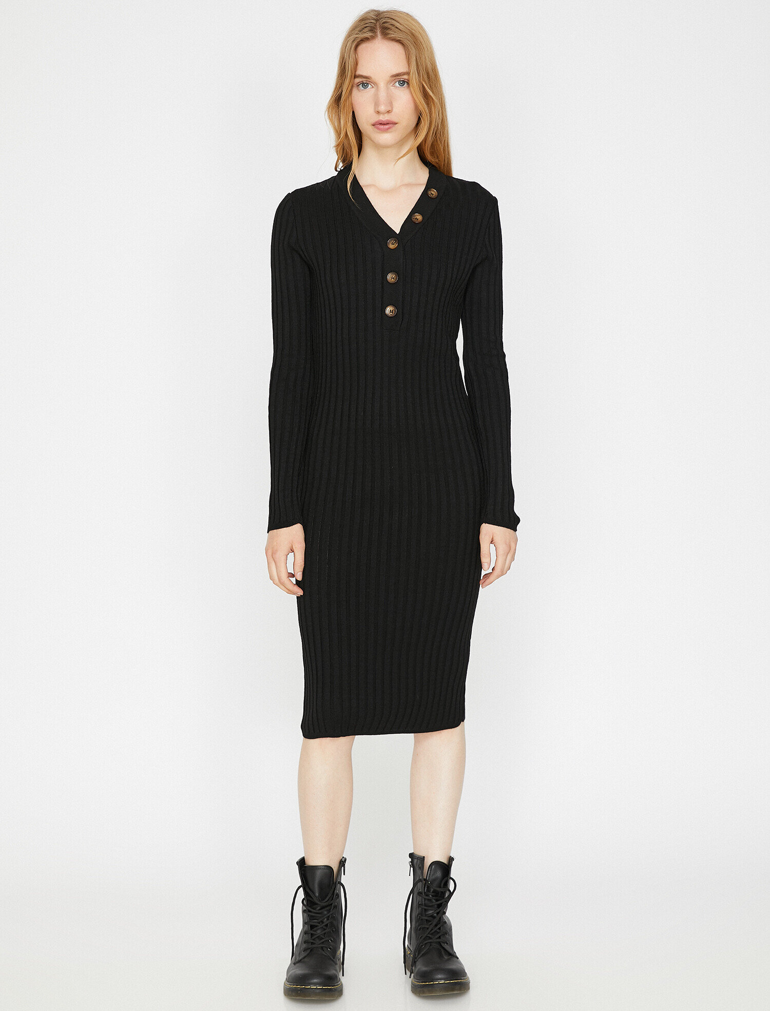   Midi Boy Triko Elbise Düğme Detaylı Dar Kesim