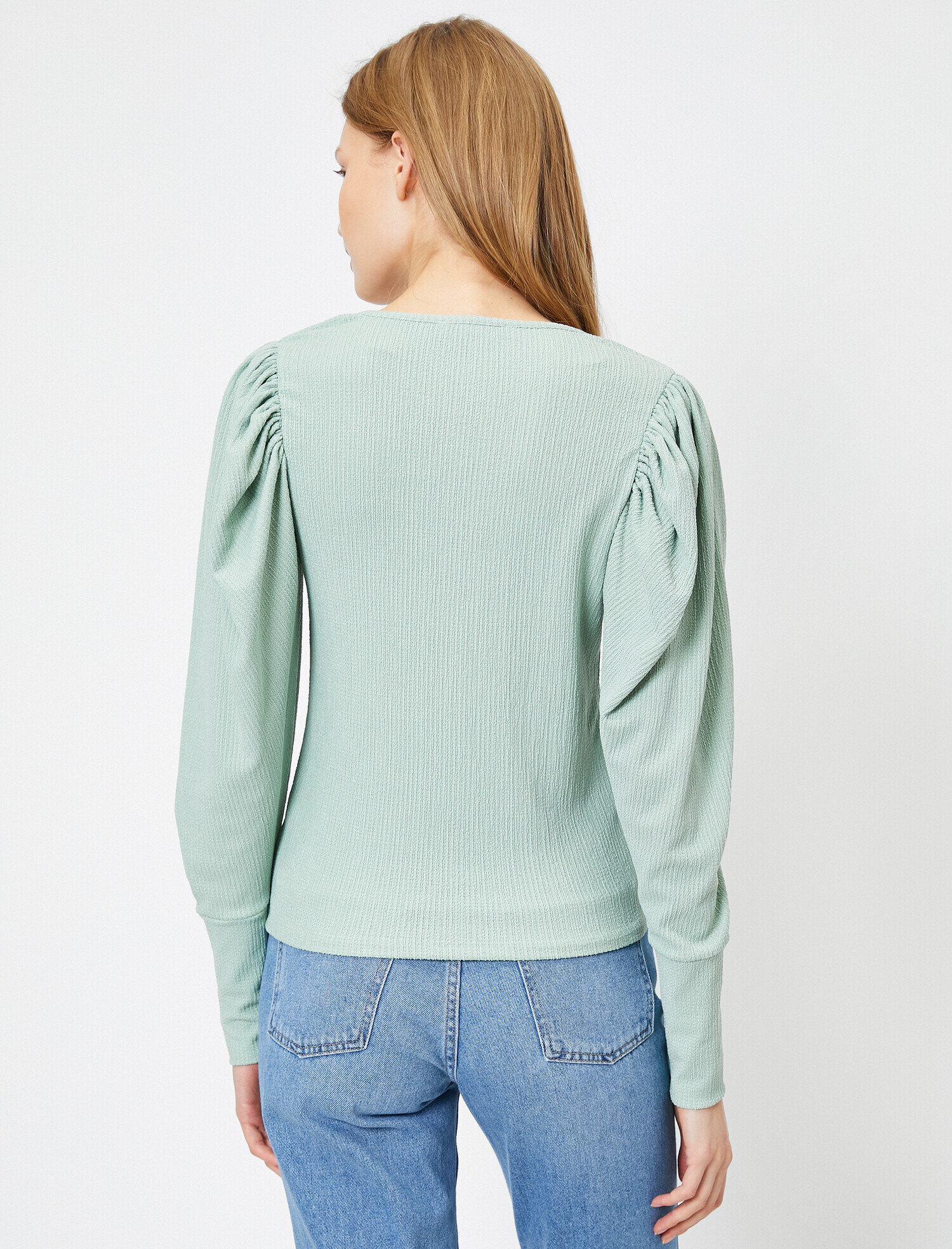   Uzun Kollu Tişört V Yaka Kol Manşet Detaylı Omuz Pili Detaylı