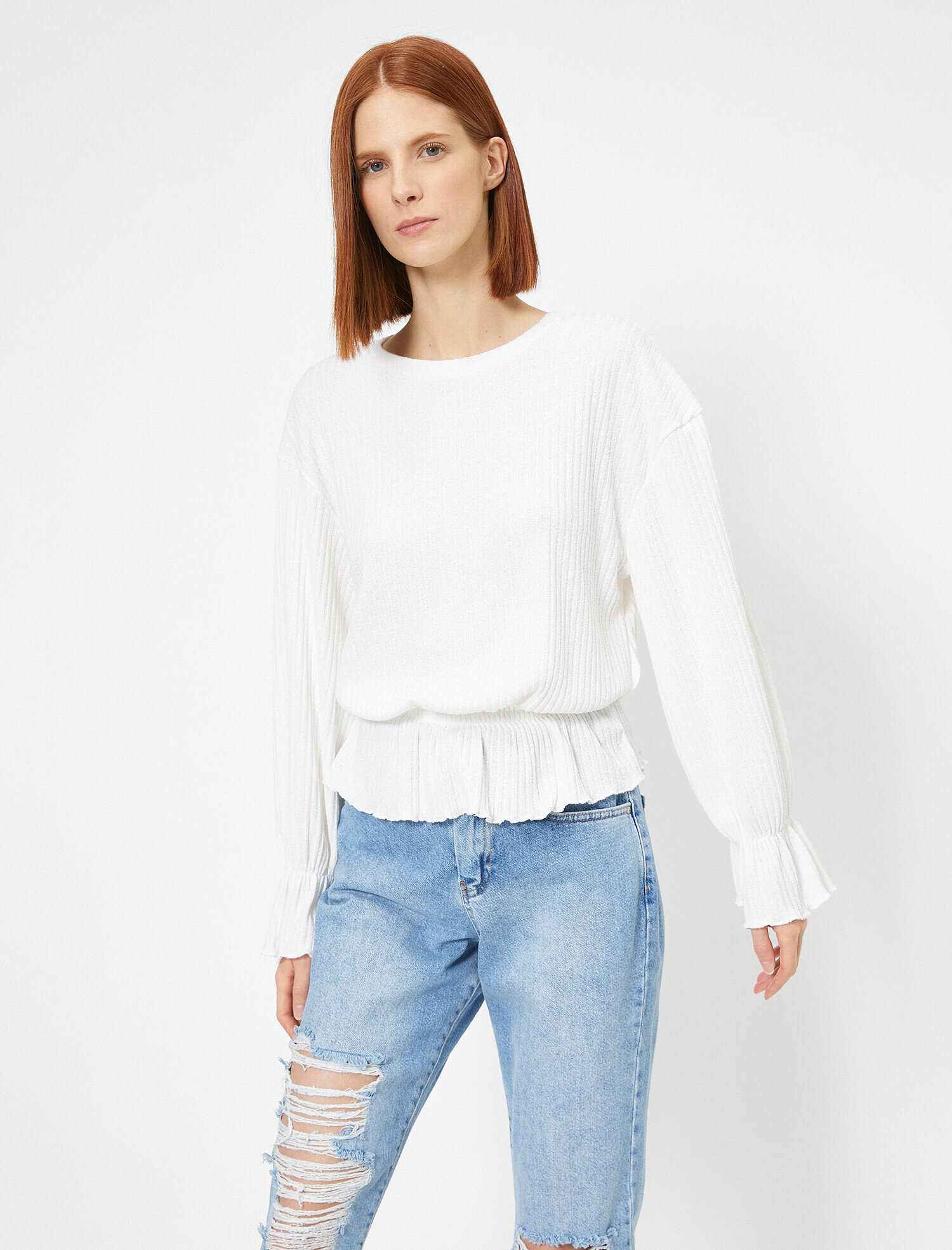   Uzun Kollu Tişört Etek Ucu Volanlı