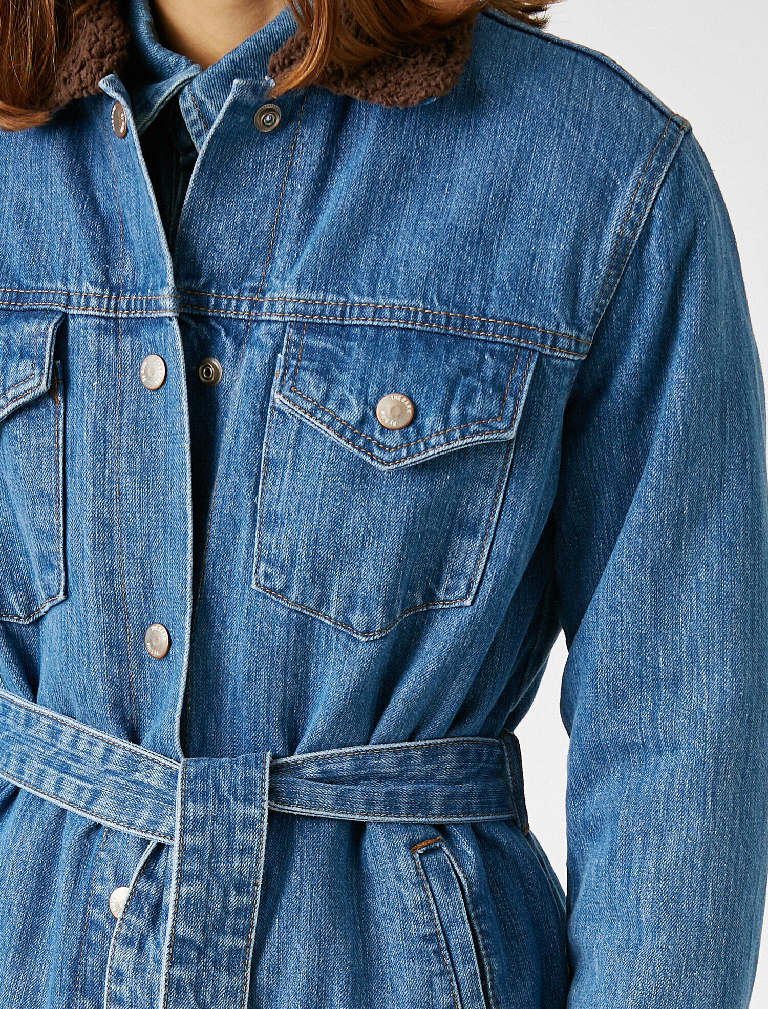   Fur Collar Belted Oversize Long Denim Jacket