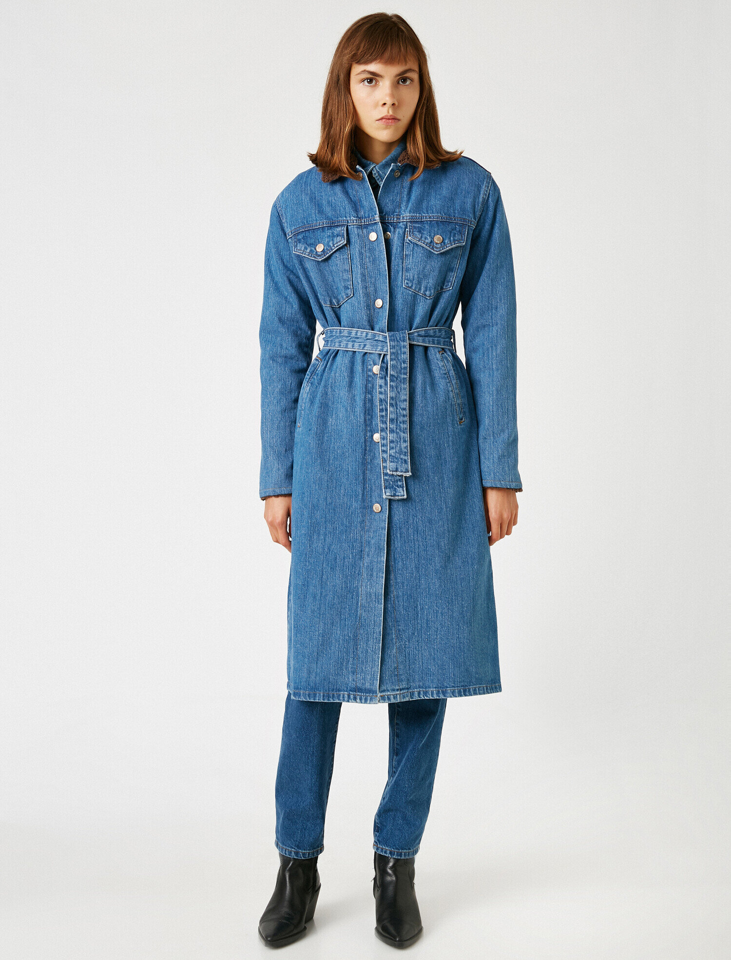   Fur Collar Belted Oversize Long Denim Jacket