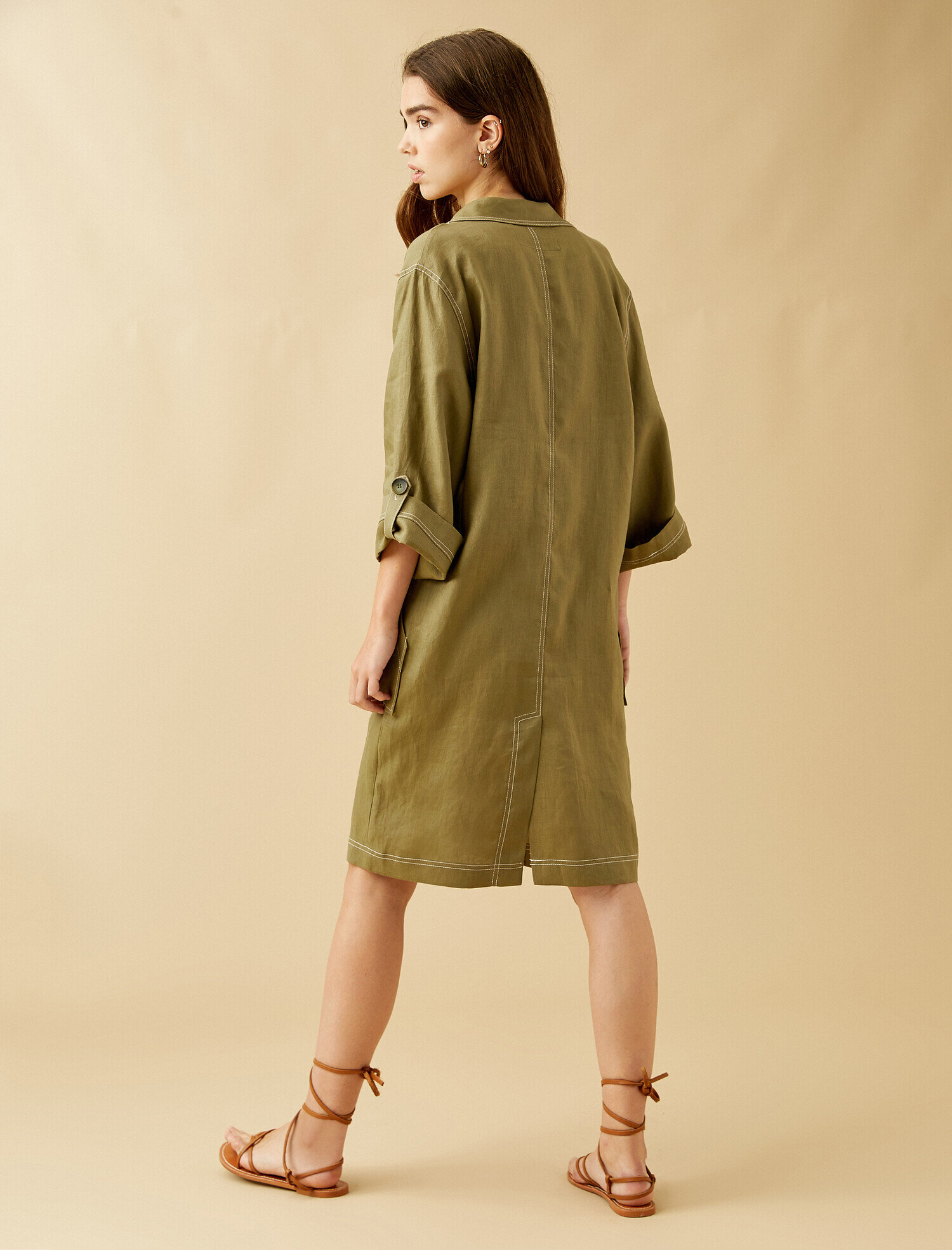   Dikiş Detaylı Cepli Keten Trençkot