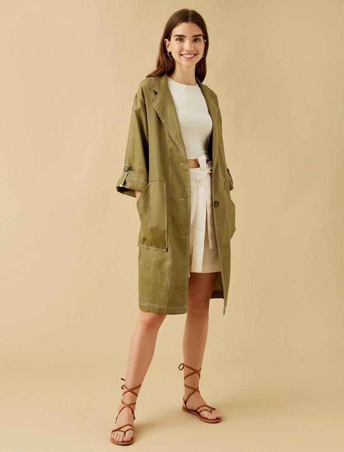  Dikiş Detaylı Cepli Keten Trençkot
