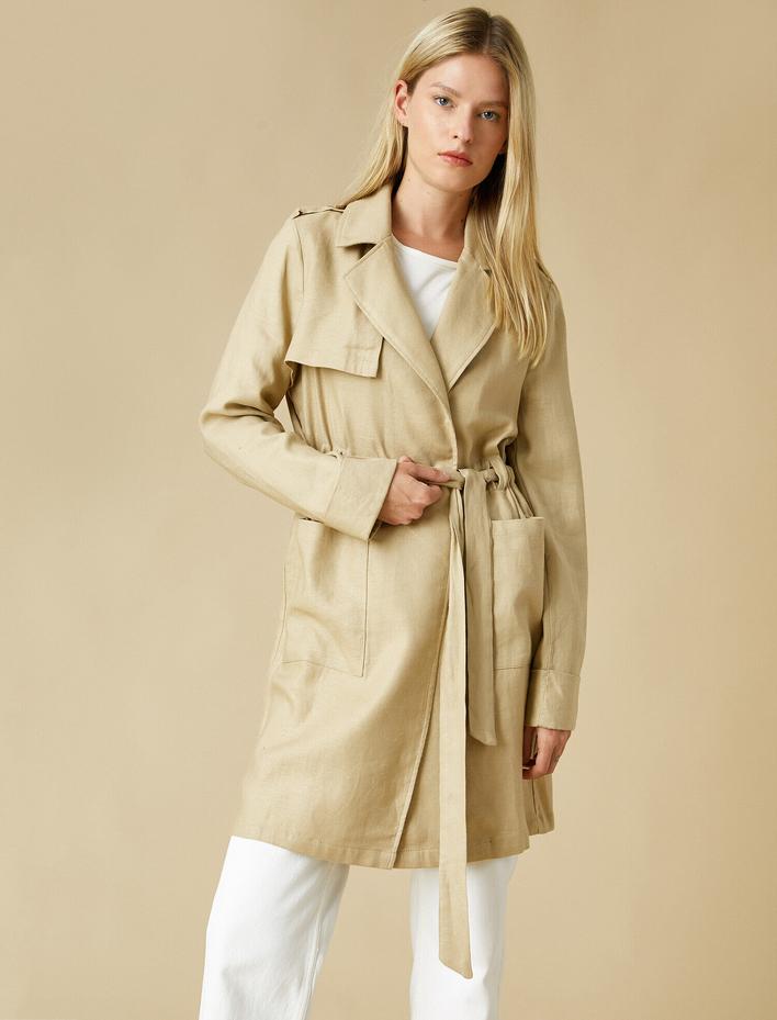  Cep Detaylı Beli Bağlamalı Trençkot Keten Karışımlı