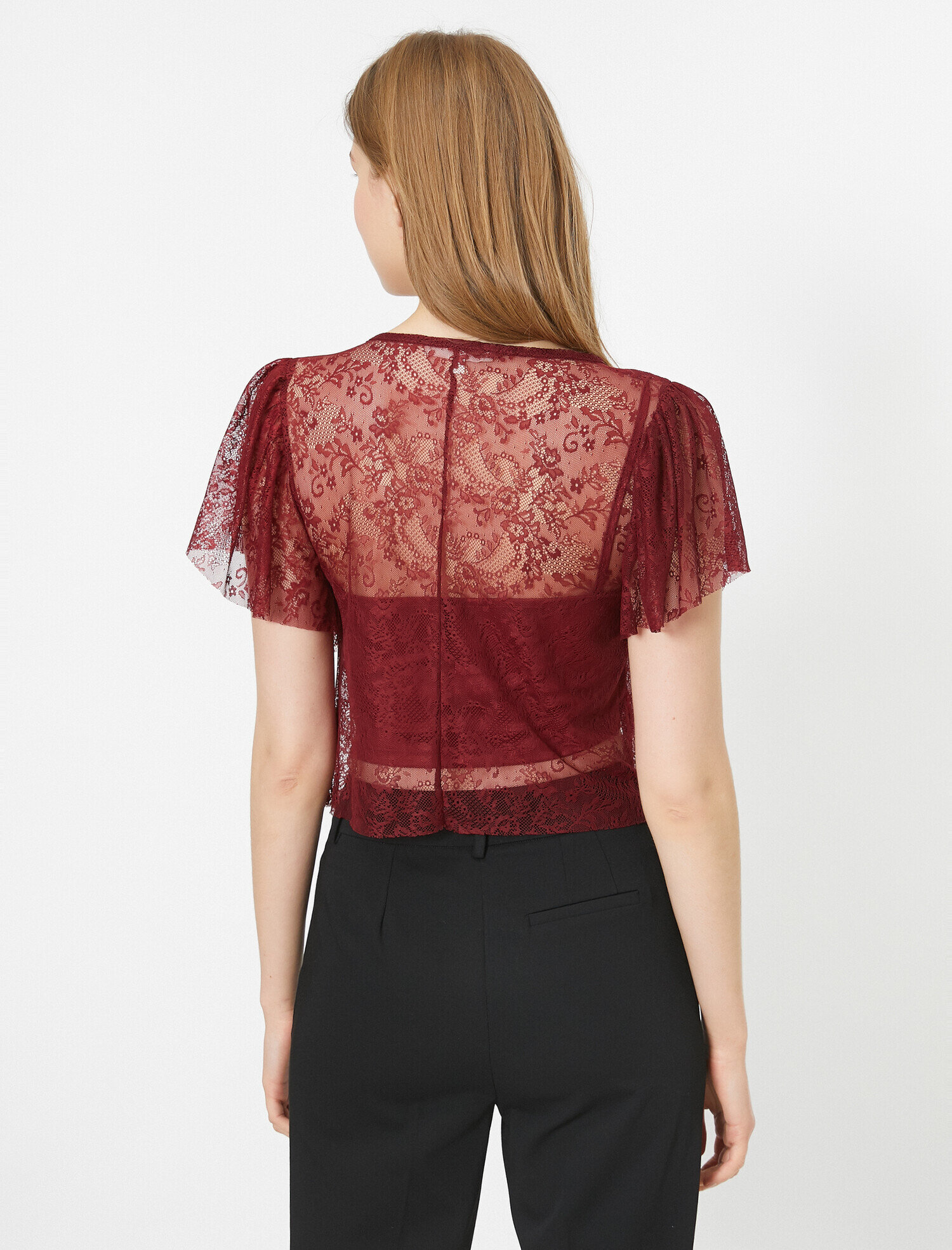   Dantel Detaylı Bisiklet Yaka Kısa Kollu Tişört