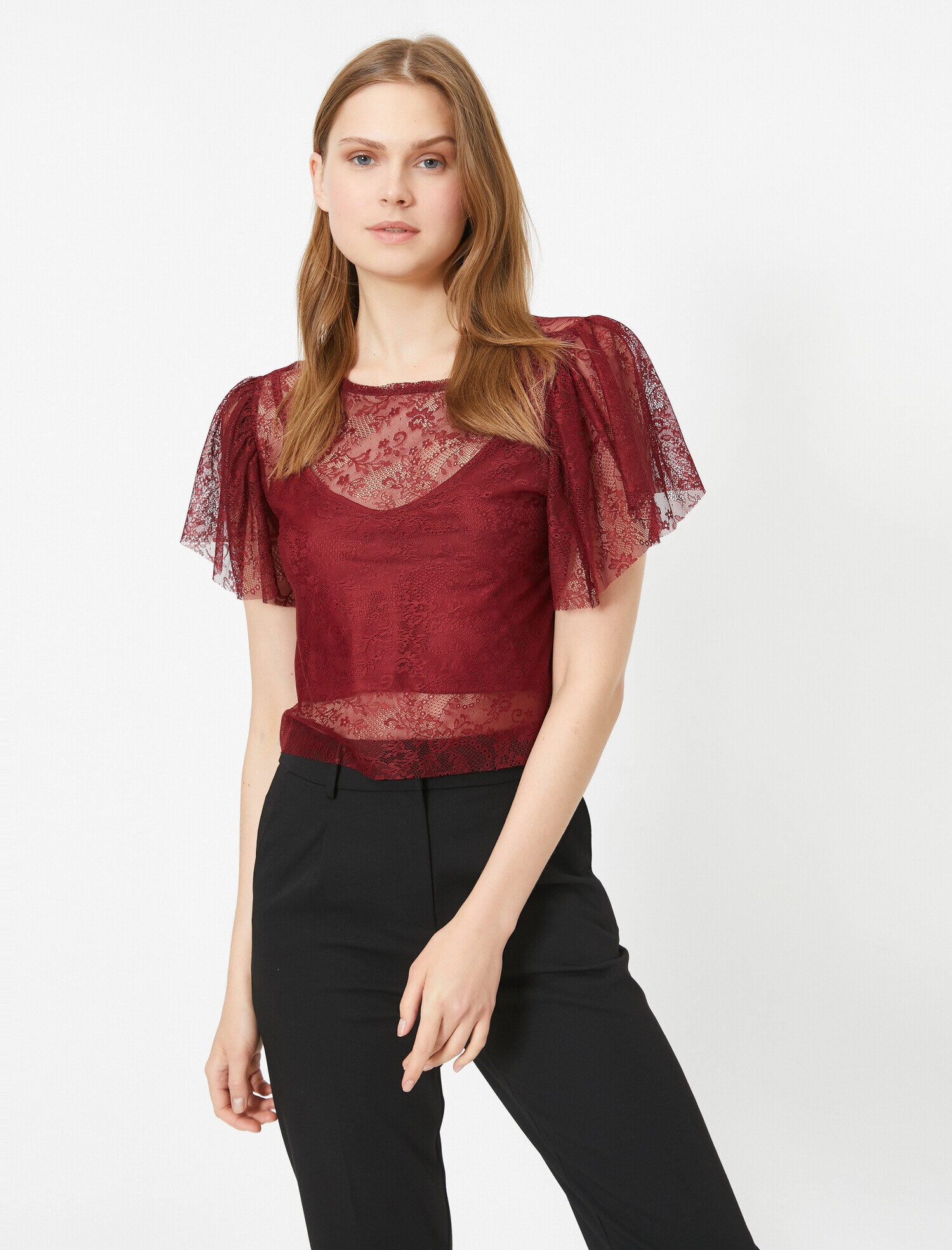   Dantel Detaylı Bisiklet Yaka Kısa Kollu Tişört