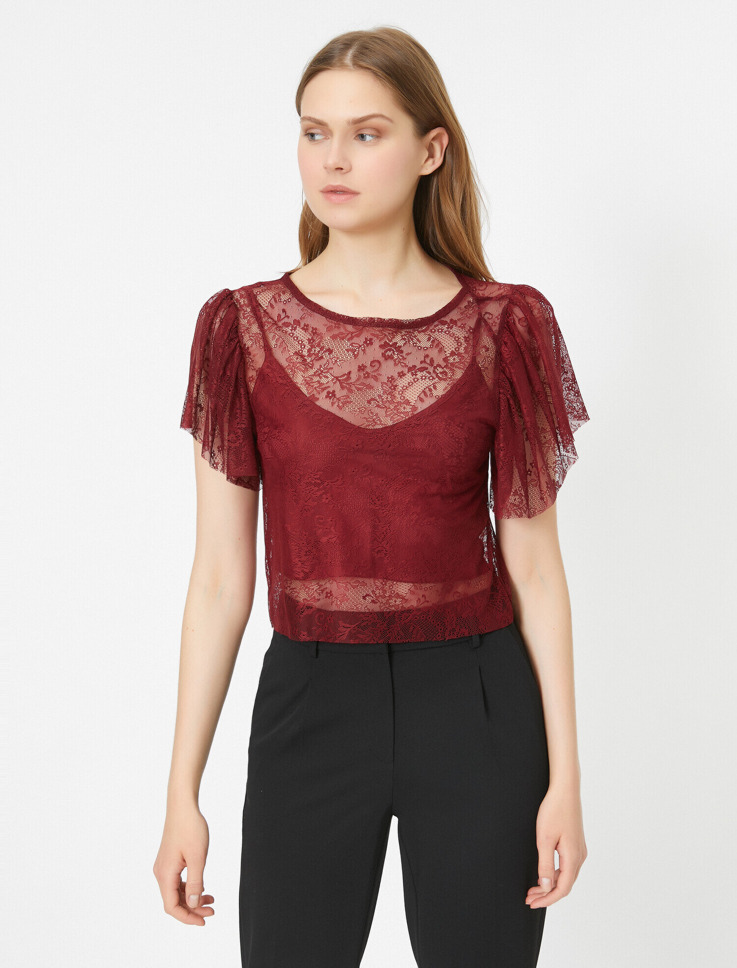   Dantel Detaylı Bisiklet Yaka Kısa Kollu Tişört