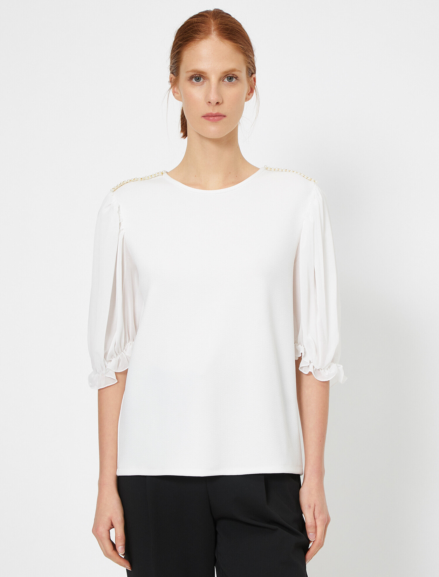   Kontrast Tül Bisiklet Yaka Tişört