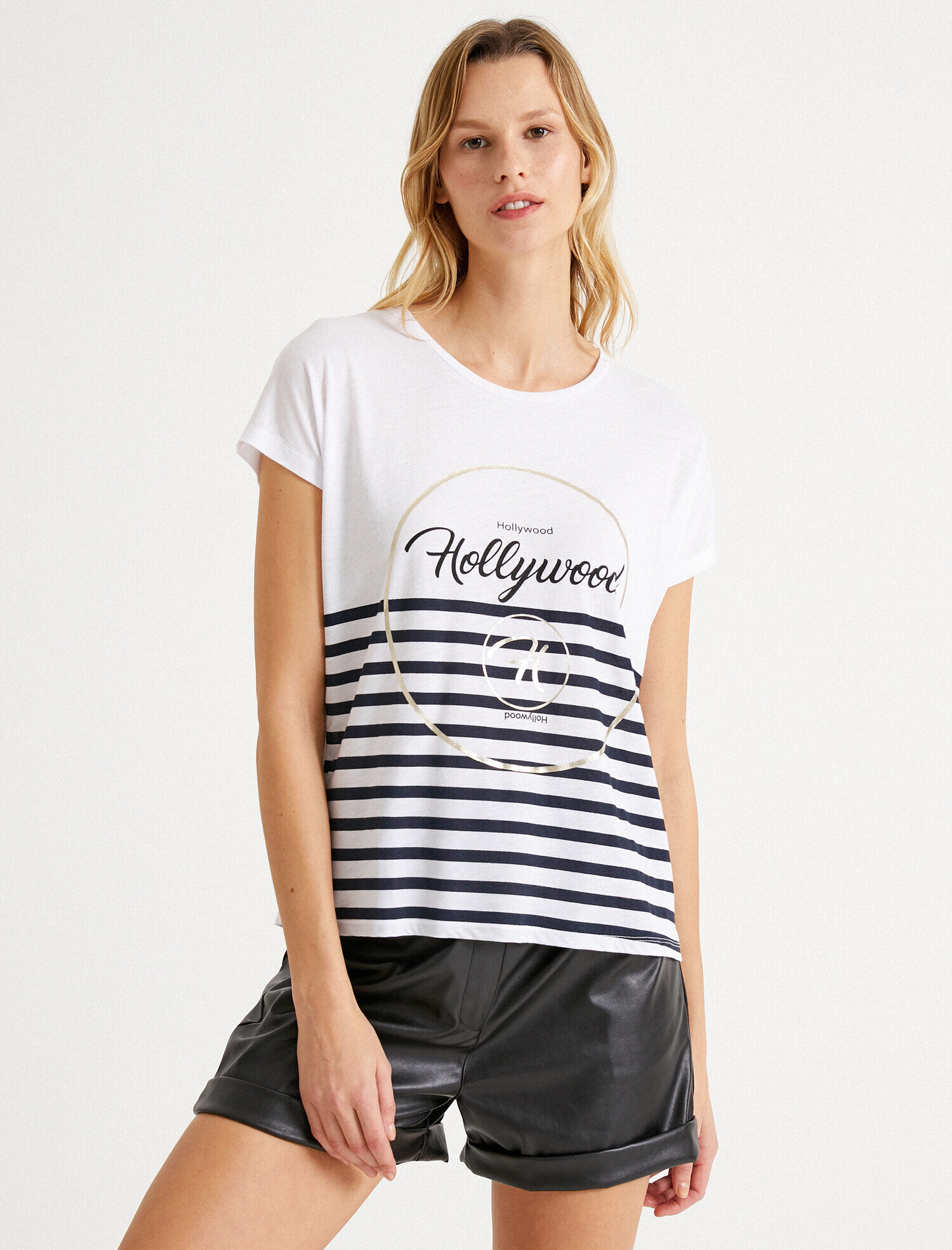   Bisiklet Yaka Yazılı Baskılı Çizgili Tişört