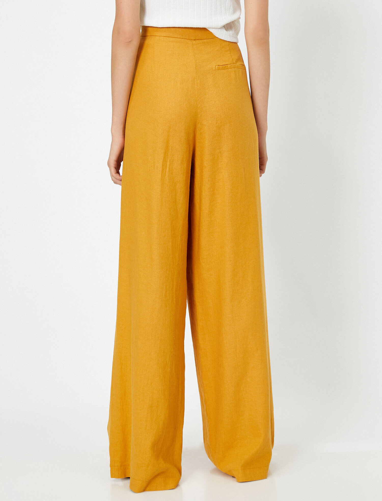   Pile Detaylı Yüksek Bel Pantolon Keten Karışımlı