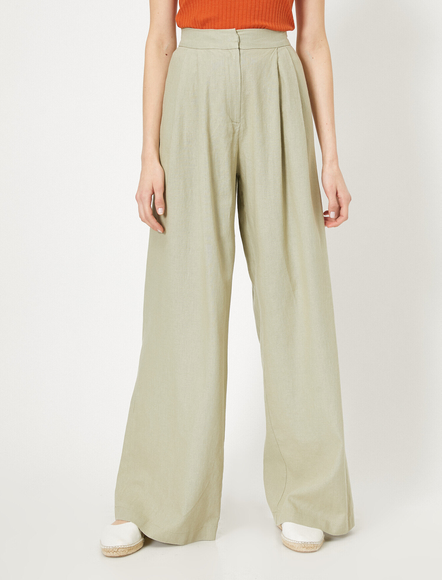   Yüksek Bel Geniş Paça Keten Karışımlı Pantolon