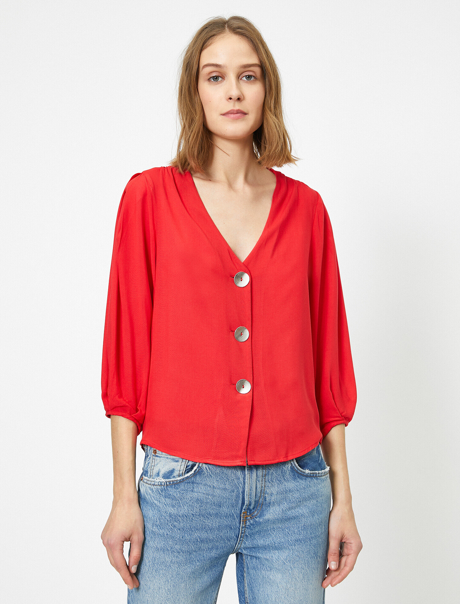   Düğme Detaylı V Yaka Bluz