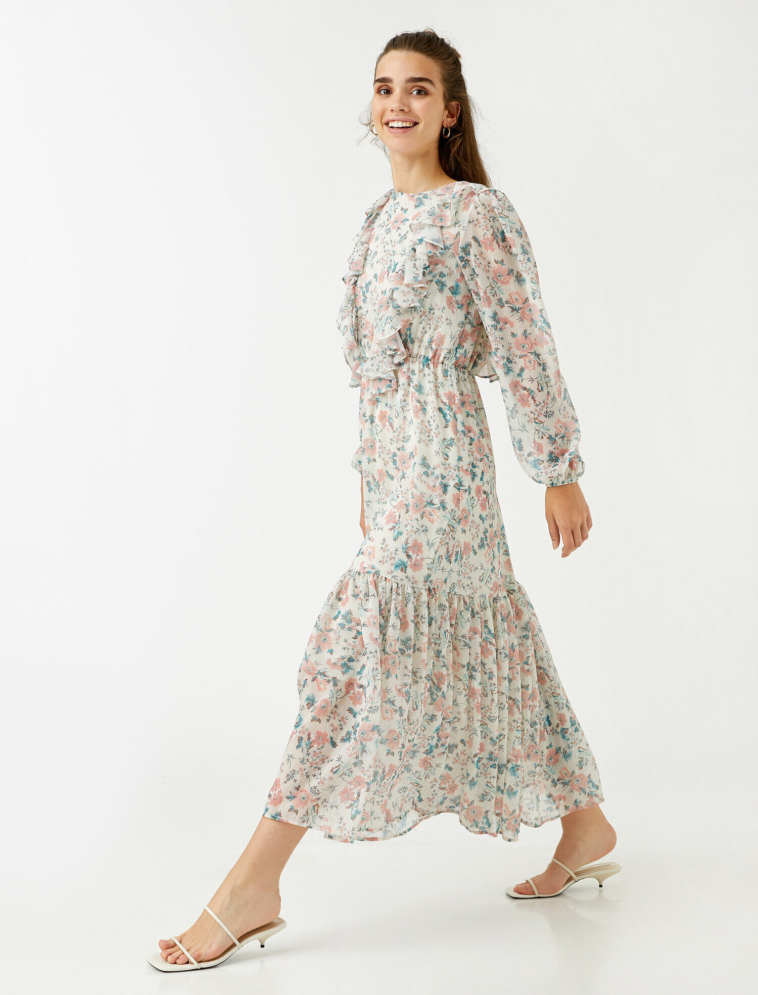   Uzun Elbise Çiçekli Uzun Kollu