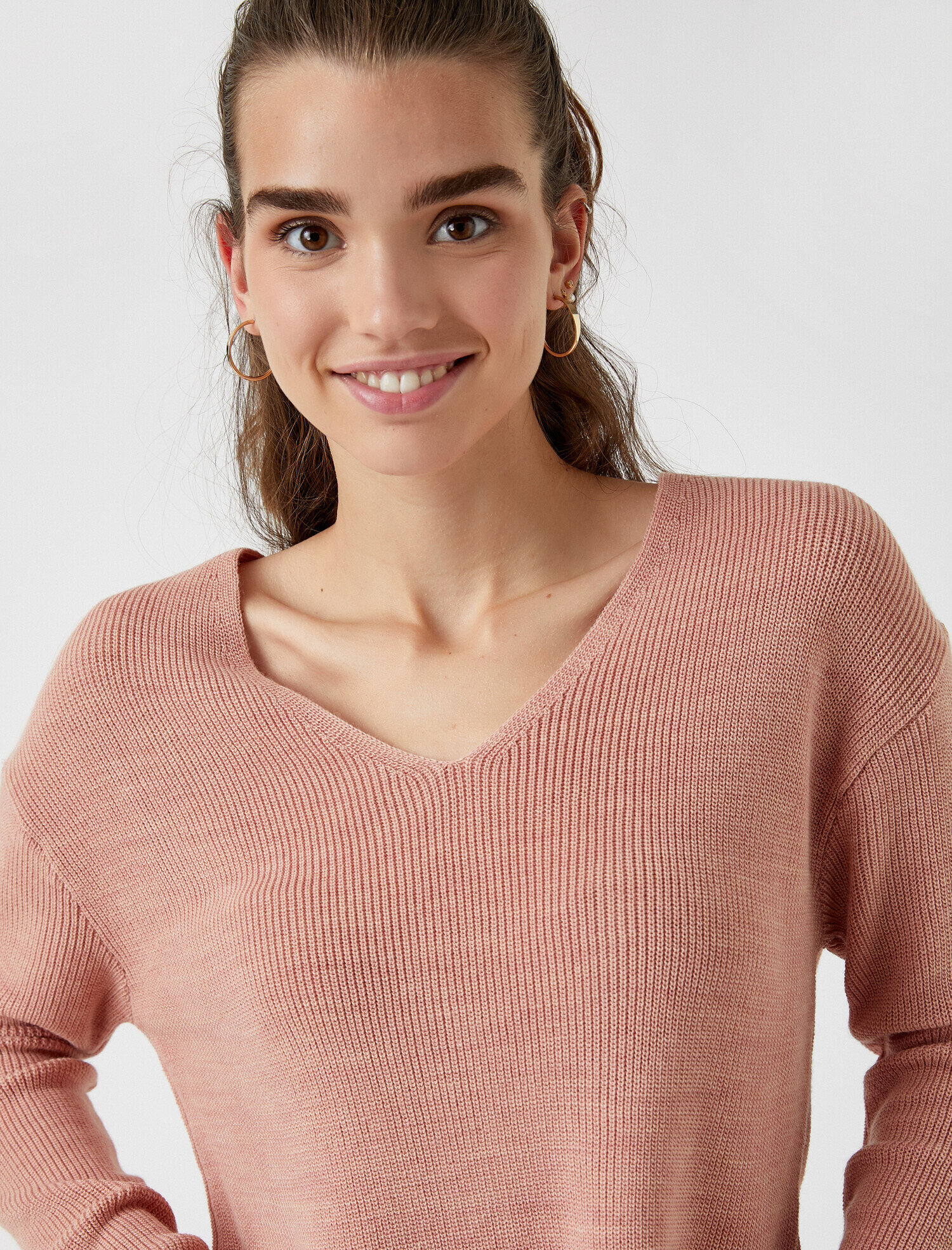   V Yaka Uzun Kollu Basic Triko Kazak Kaşmir Dokulu