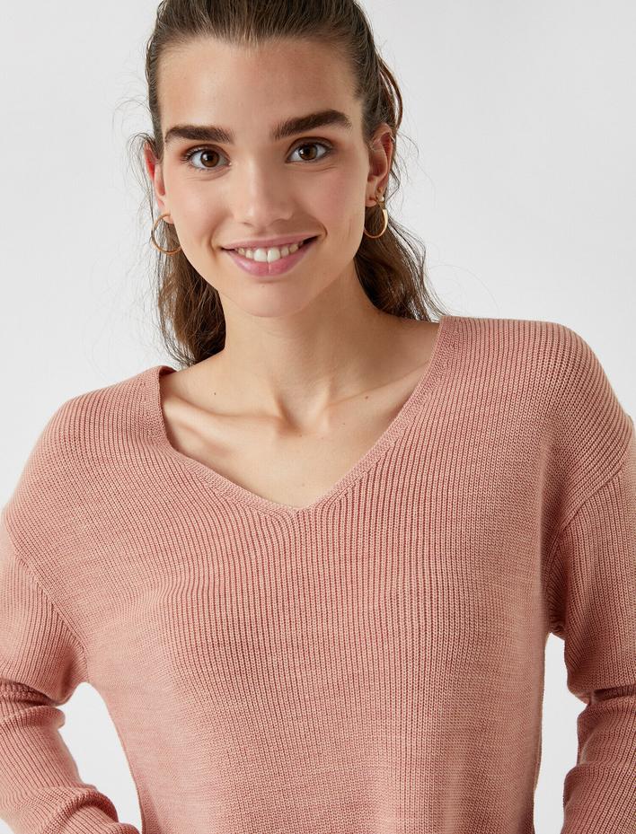  V Yaka Uzun Kollu Basic Triko Kazak Kaşmir Dokulu