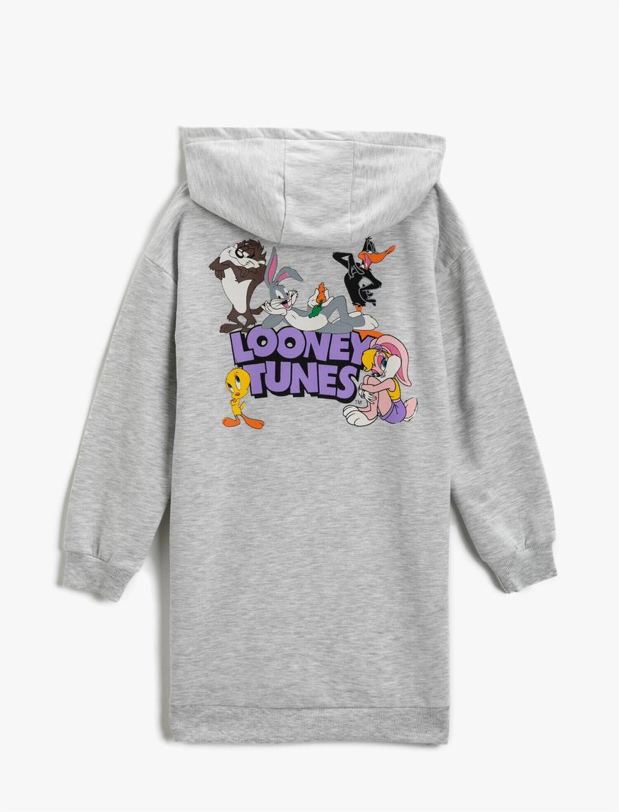  Kız Çocuk Looney Tunes Lisanslı Baskılı Kapüşonlu Sweatshirt Elbise