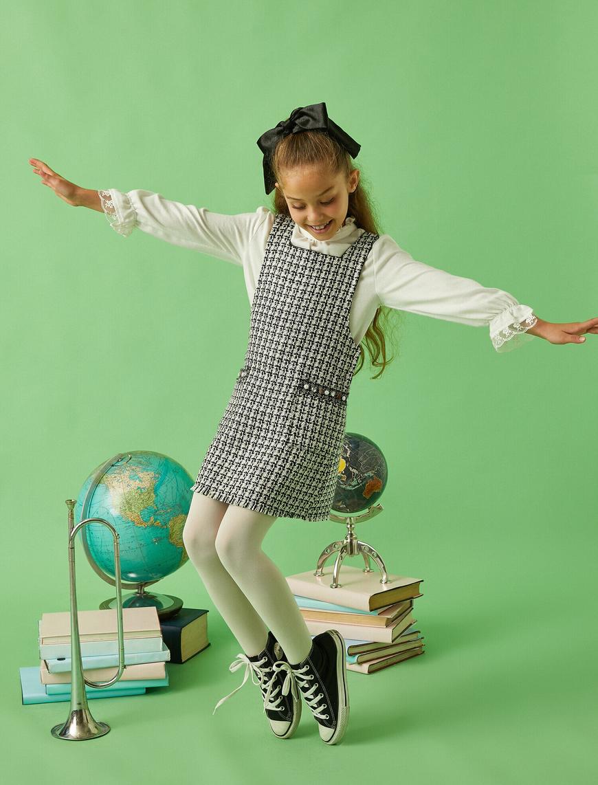  Kız Çocuk Ekoseli Tüvit Elbise Cep Detaylı