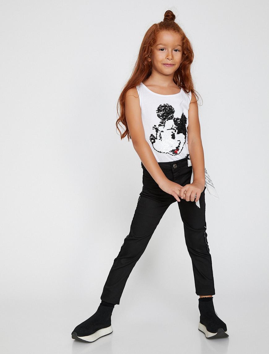  Kız Çocuk Simli Şerit Detaylı Cepli Kot Pantolon - Slim Jean