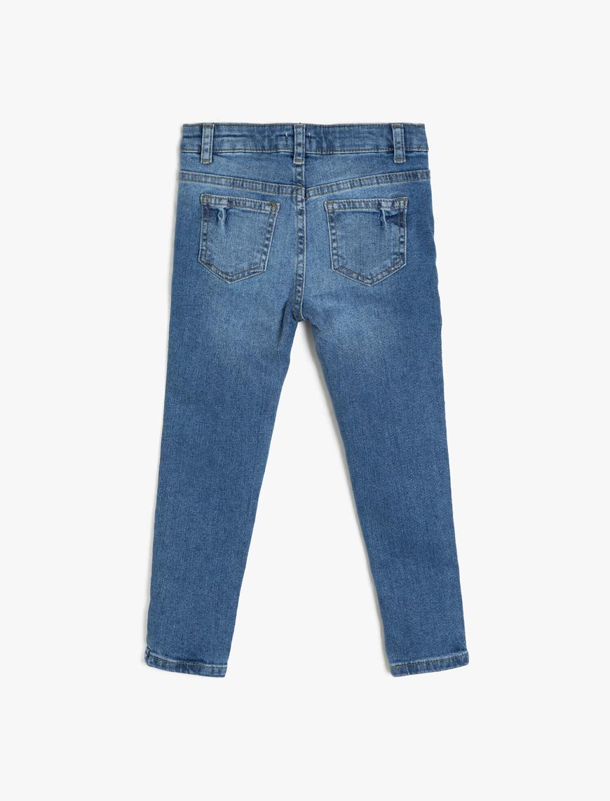  Kız Çocuk Pamuklu Simli Şerit Detaylı Cepli Kot Pantolon - Slim Jean