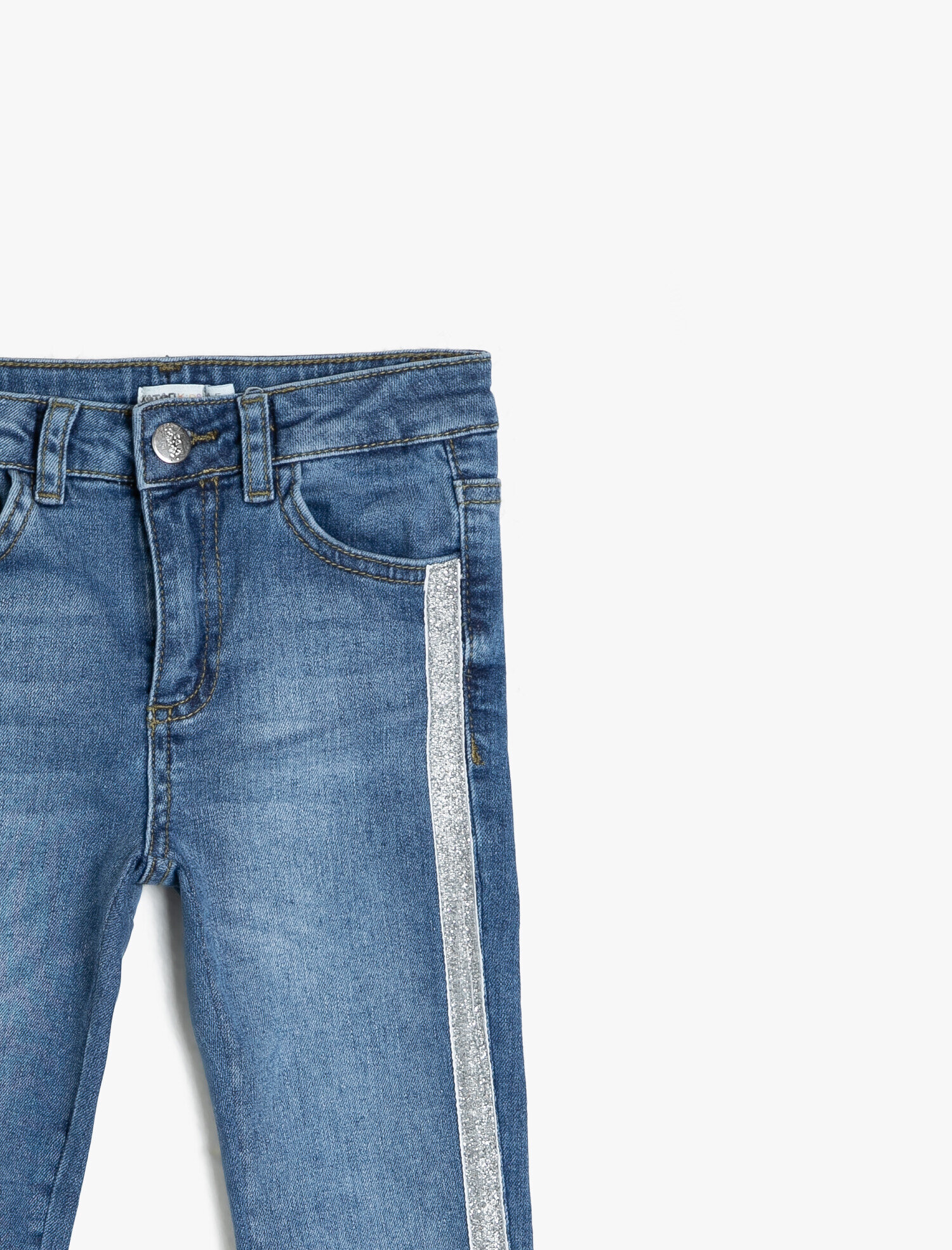  Kız Çocuk Pamuklu Simli Şerit Detaylı Cepli Kot Pantolon - Slim Jean