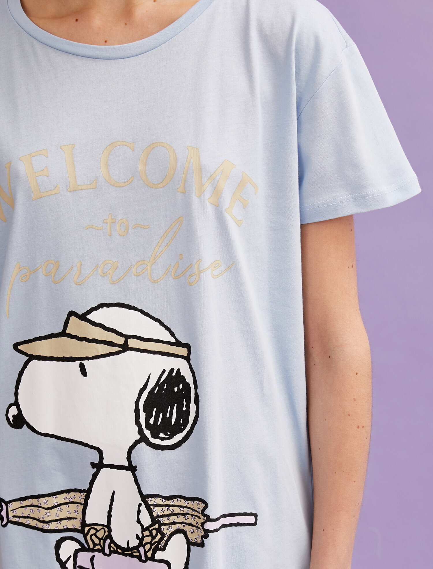   Snoopy Baskılı Gecelik Pamuklu Bisiklet Yaka Kısa Kollu