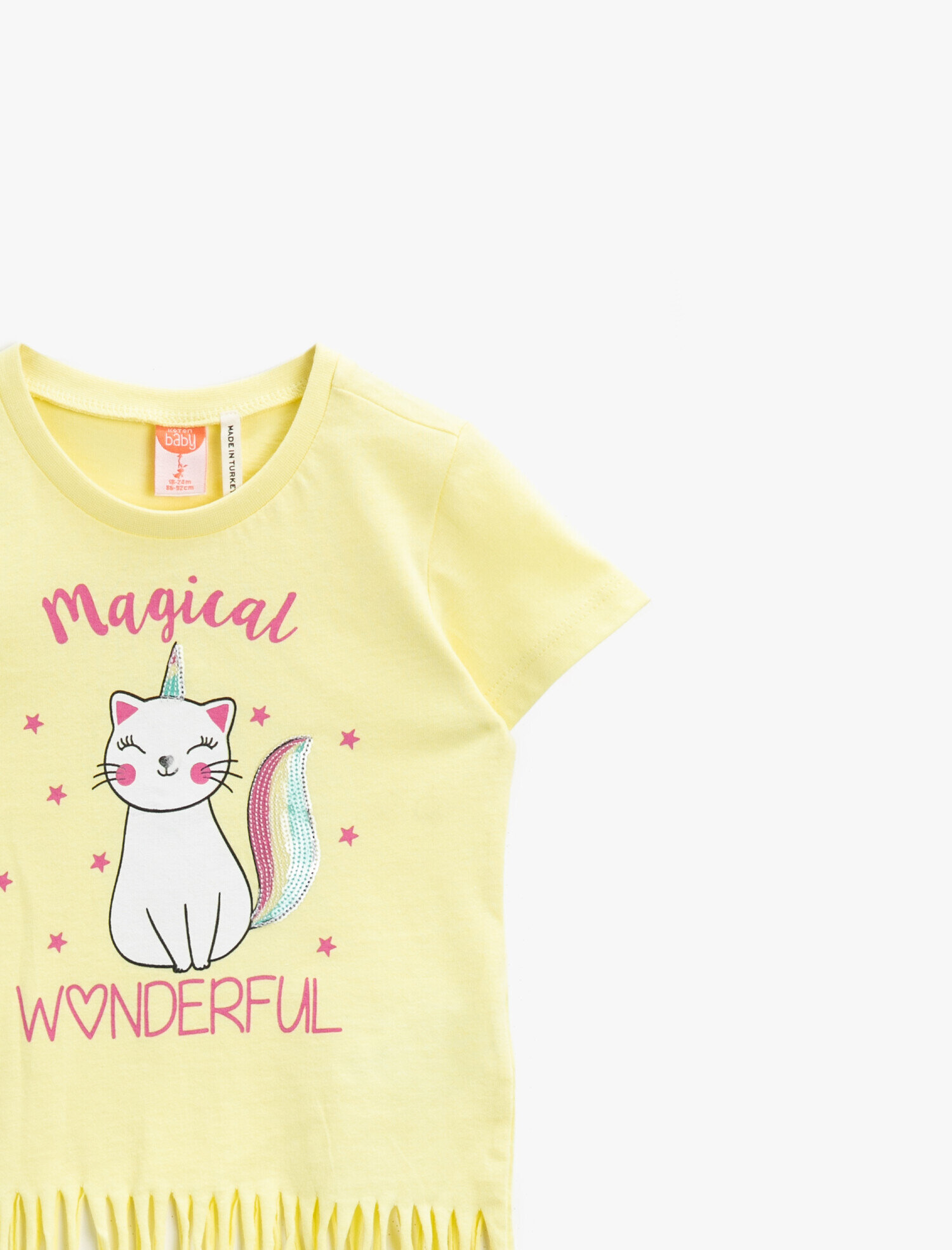  Kız Bebek Pullu Tişört Kedi Baskılı Püsküllü Pamuklu