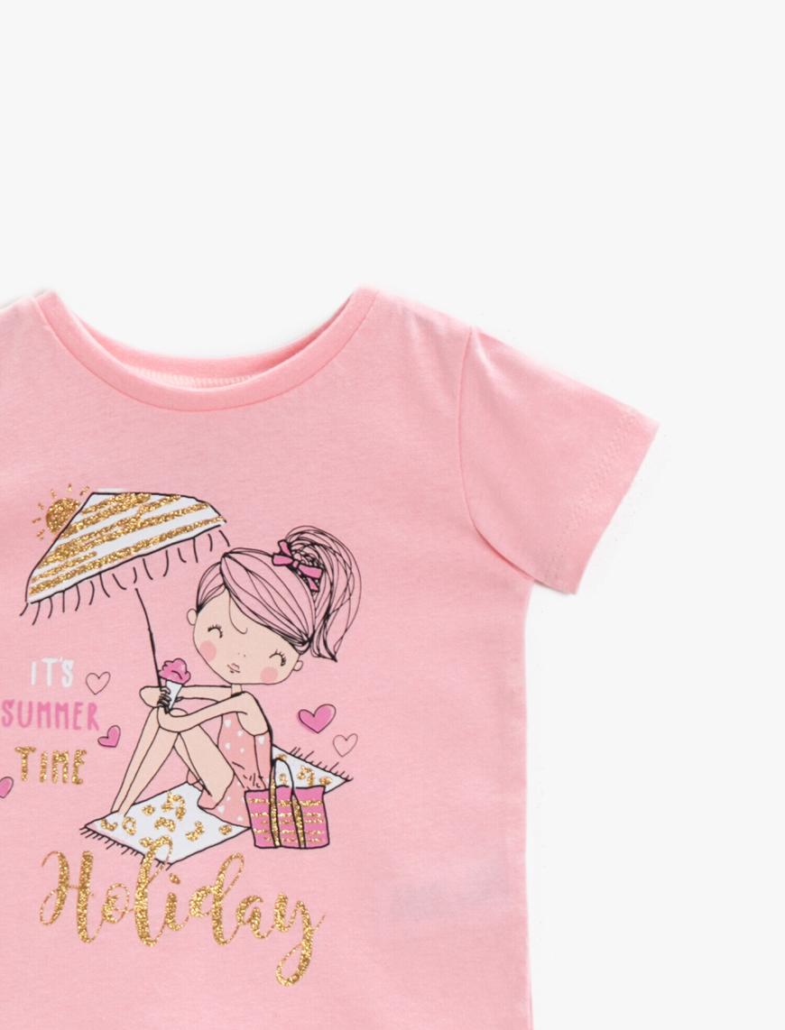  Kız Bebek Baskılı Tişört Simli Pamuklu