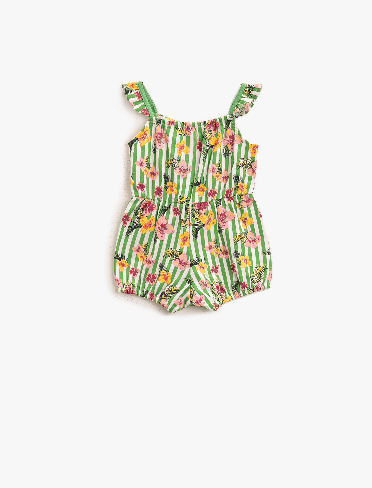 Kız Bebek Çiçekli Tulum Çizgili Pamuklu Askılı Çıtçıtlı