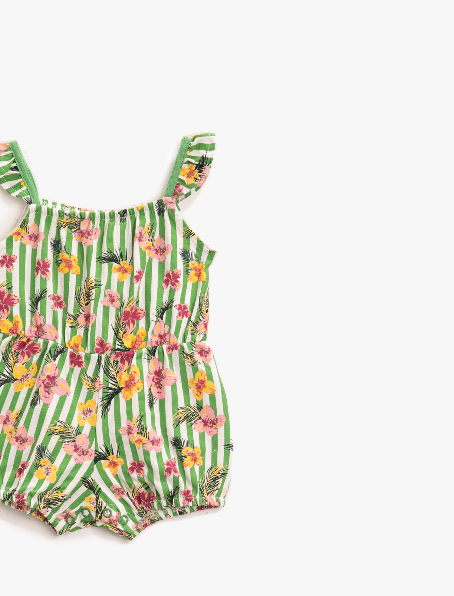 Kız Bebek Çiçekli Tulum Çizgili Pamuklu Askılı Çıtçıtlı