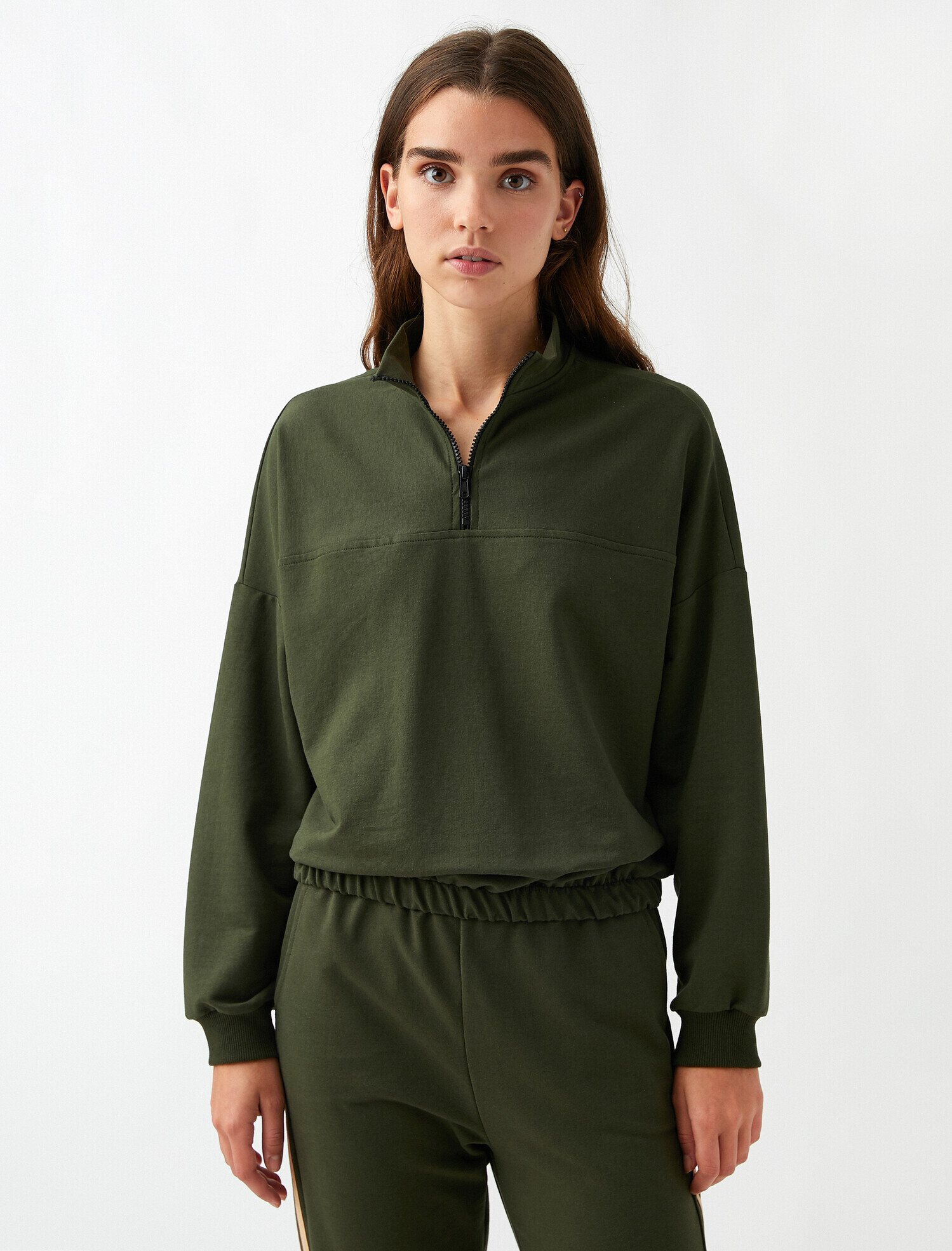   Yakası Fermuarlı Sweatshirt Dik Yaka Pamuklu