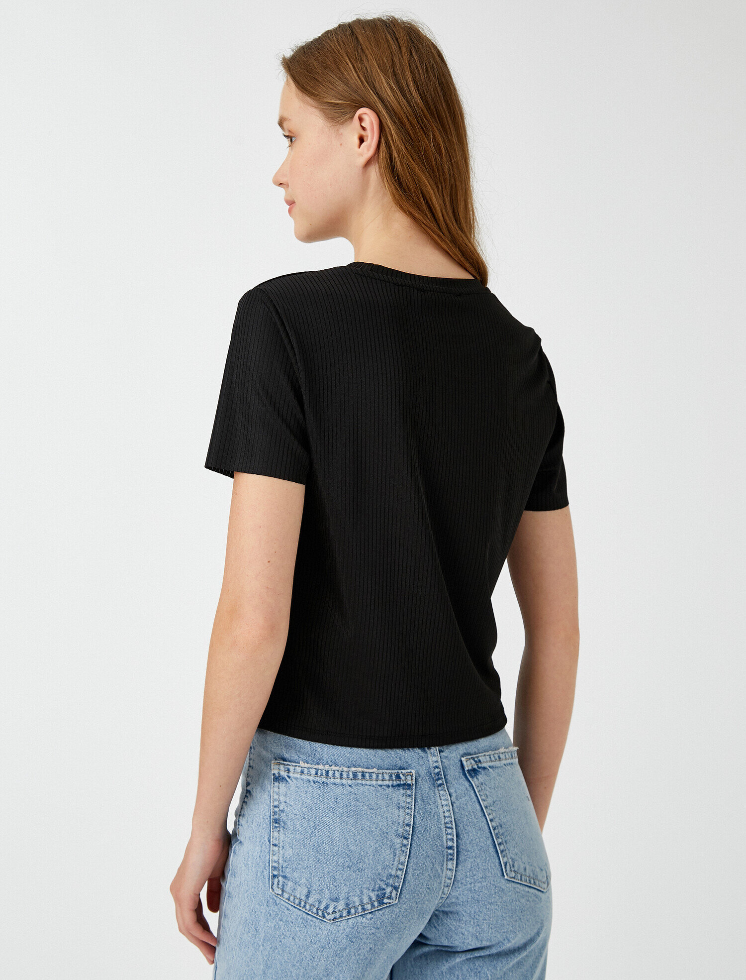   Fitilli Tişört Bisiklet Yaka Kısa Kollu