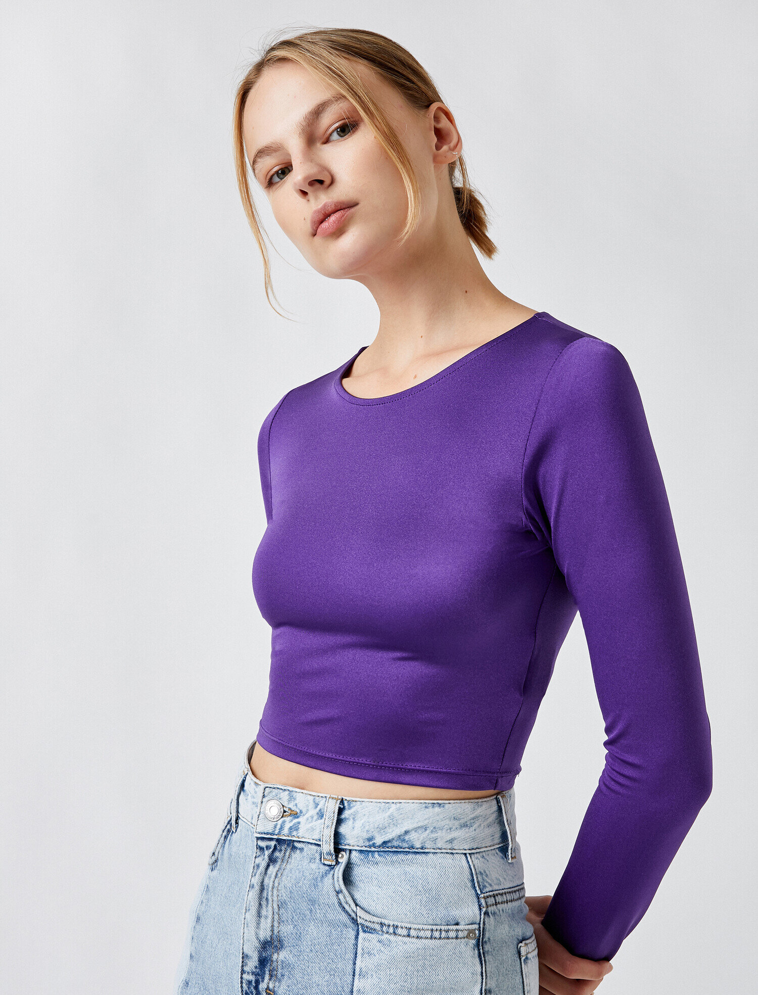   Crop Bisiklet Yaka Uzun Kollu Abiye Bluz