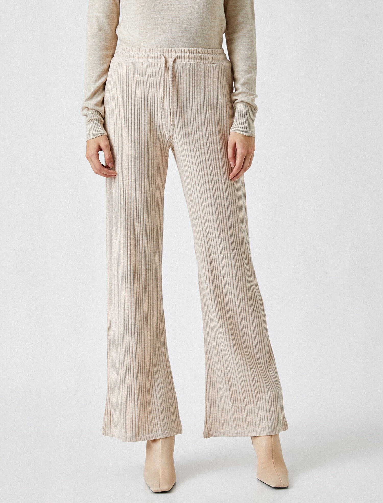   Belden Bağlamalı Geniş Paça Fitilli Örme Pantolon