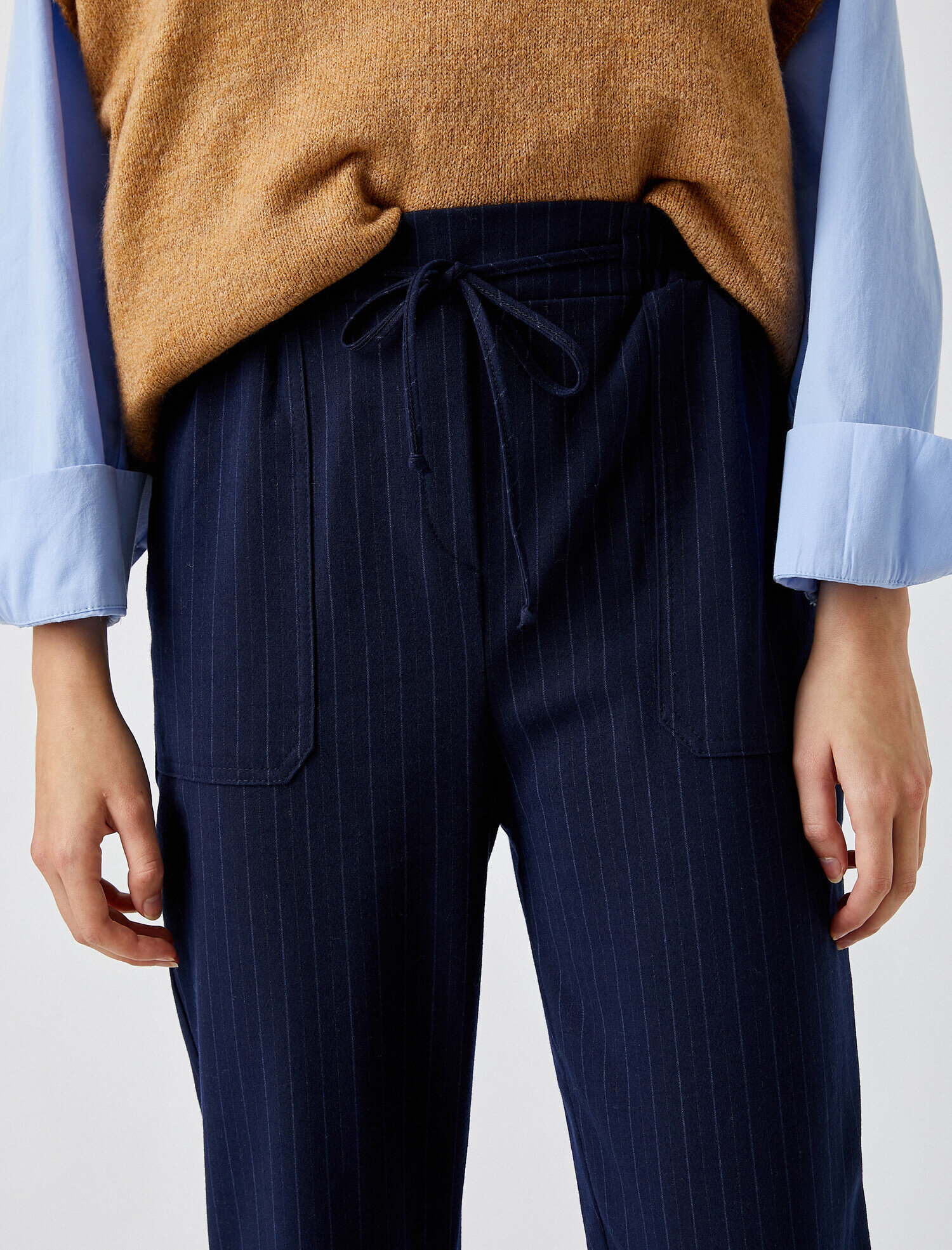   Çizgili Belden Bağlamalı Kısa Paça Pantolon Cepli