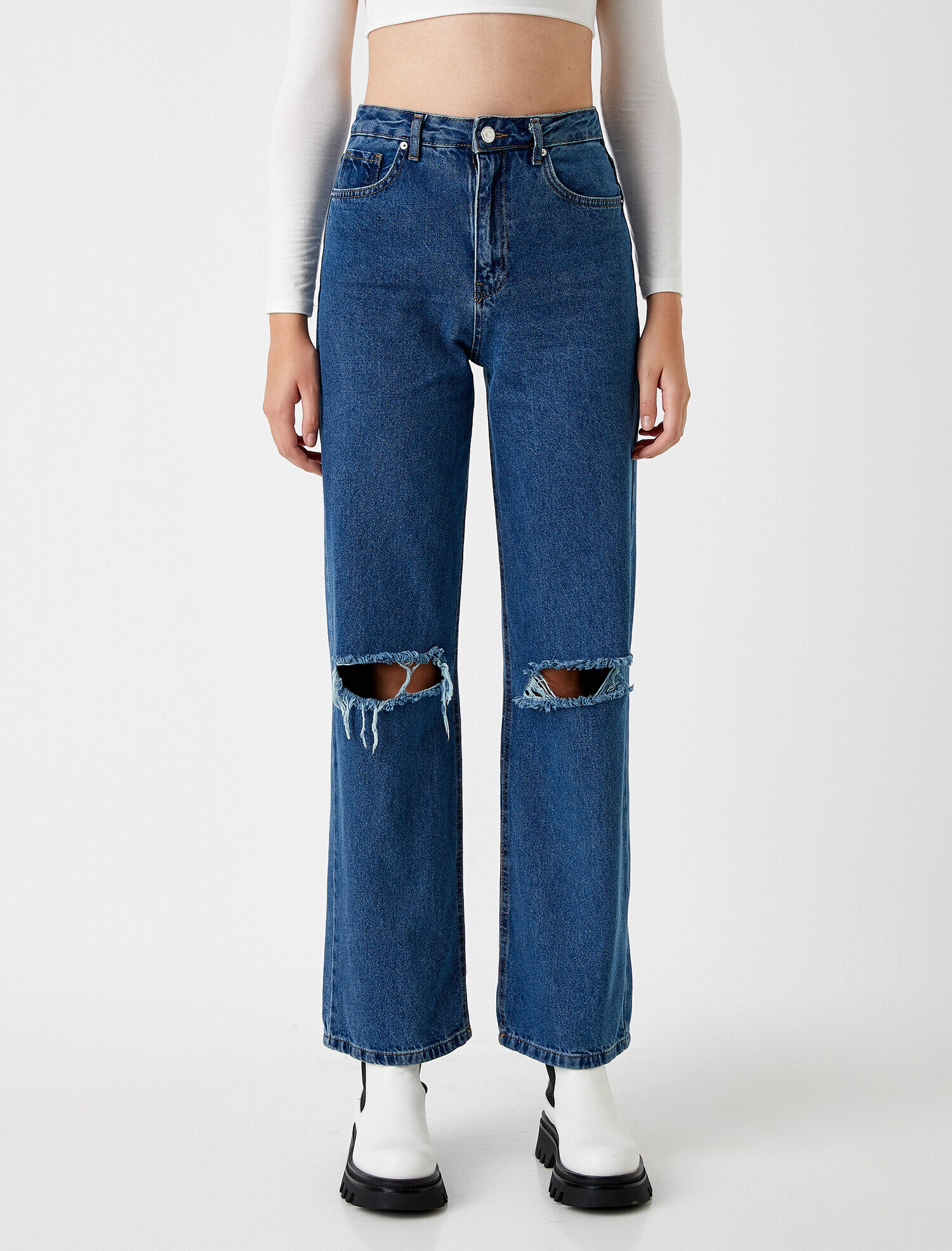   Bol Paça Yüksek Bel Dizi Yırtık Kot Pantolon - Bianca Jean