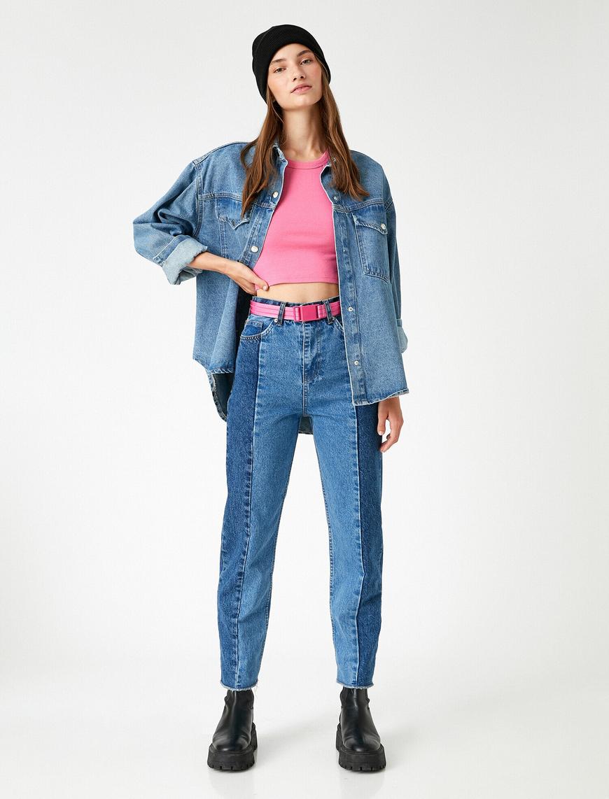   Yüksek Bel İki Renk Bloklu Normal Paça Kot Straight Jean Pantolon - Eve Jean