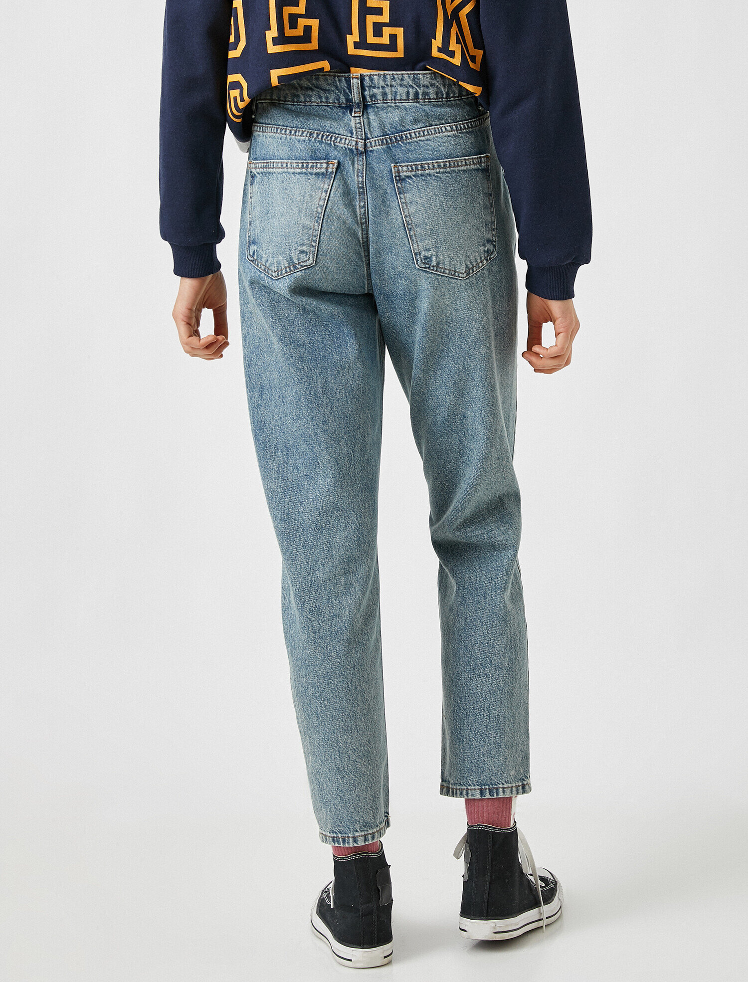   Yüksek Bel Dizi Yırtık Kot Pantolon - Mom Jean