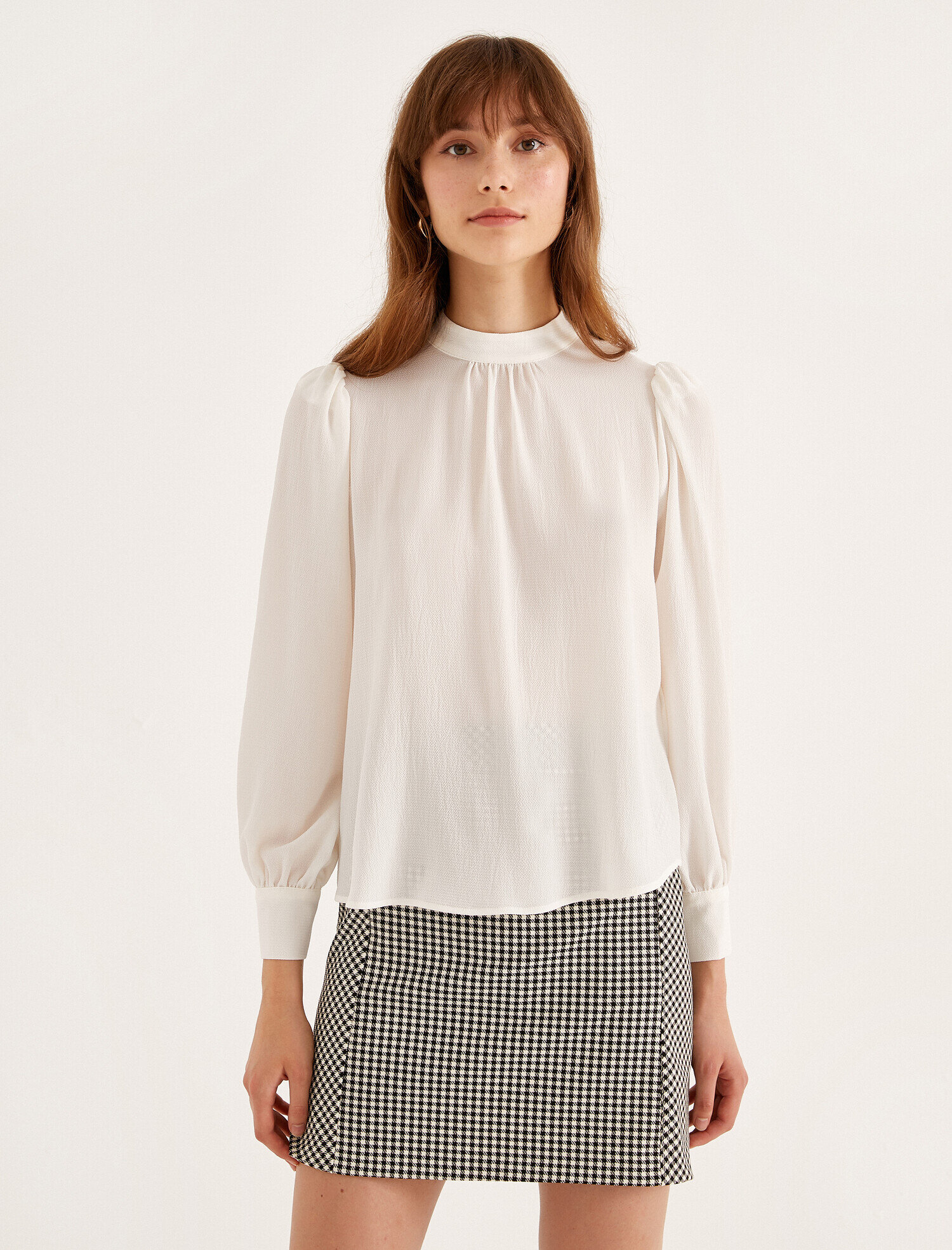   Uzun Kollu Bluz Dik Yaka Pamuklu