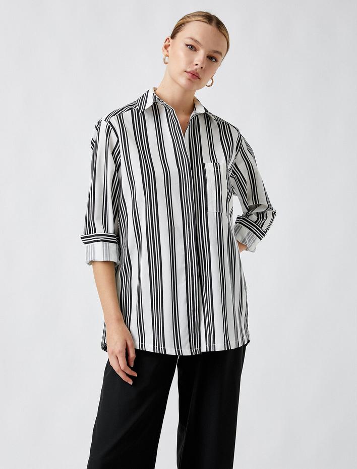  Çizgili Uzun Kollu Gömlek Pamuklu